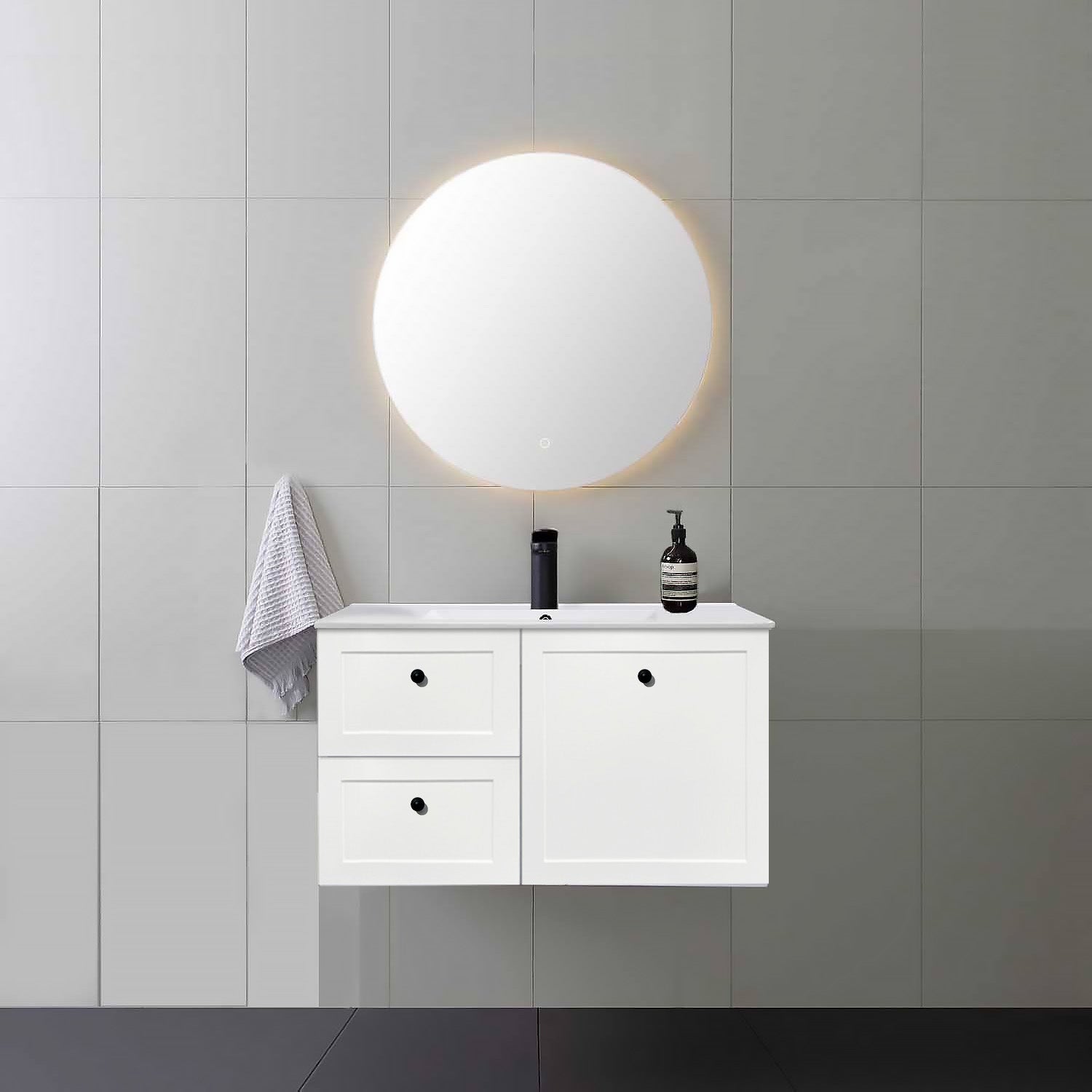 AUSTIN 90cm Wall Hung Bathroom Vanity Vanities & Mirrors Arova Ceramic Top with Integrated Basin Right Hand Side -