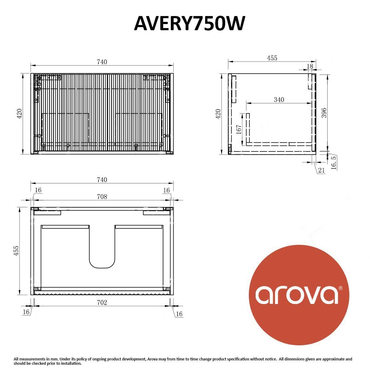 Avery 75cm Wall Hung Bathroom Vanity Vanities & Mirrors Arova 