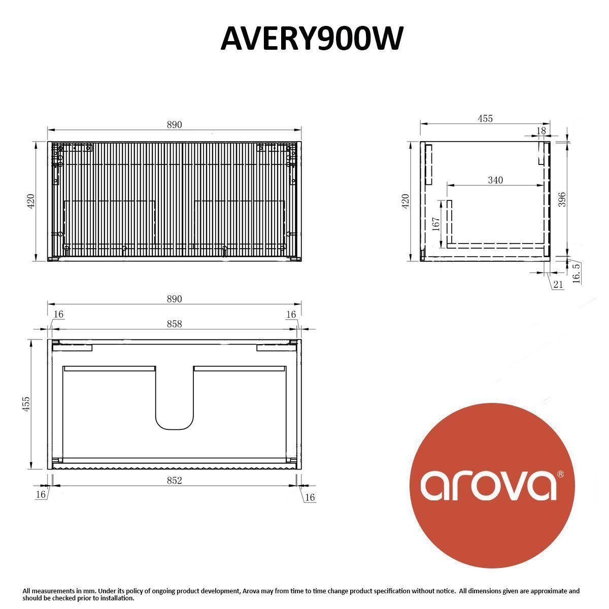 Avery 90cm Wall Hung Bathroom Vanity Vanities & Mirrors Arova 