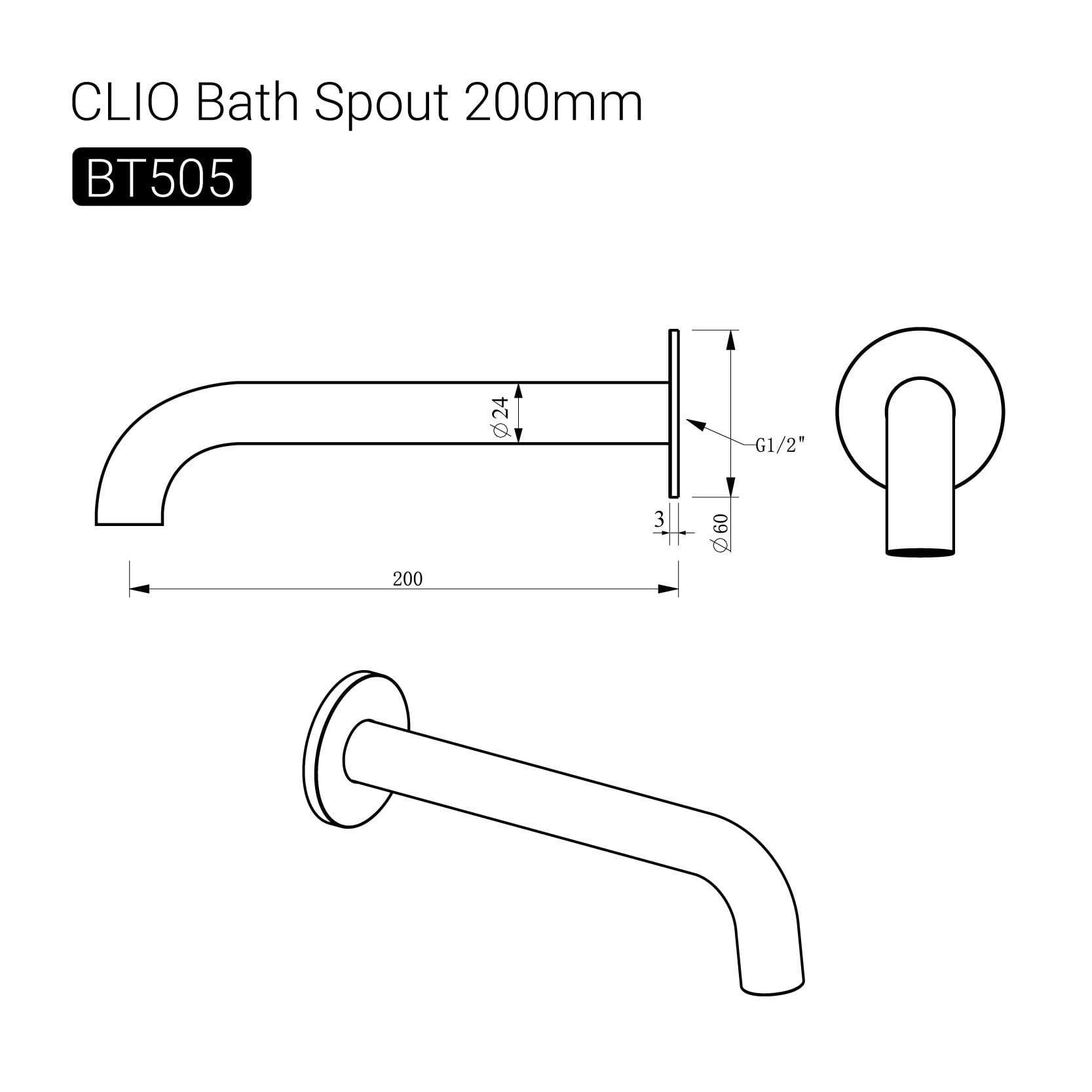 CLIO Bath Spout 200mm Chrome Tapware Arova 