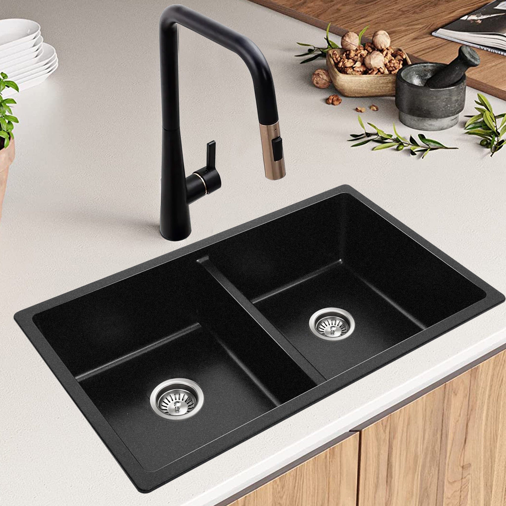 CLIO Jet Black Granite 800W x 450W Kitchen Sink Double Bowl - GS8045BK Sinks Arova 