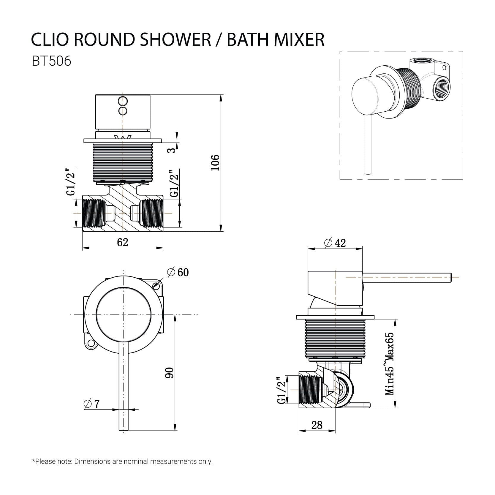 CLIO Round Shower / Bath Mixer Brushed Nickel Tapware Arova 