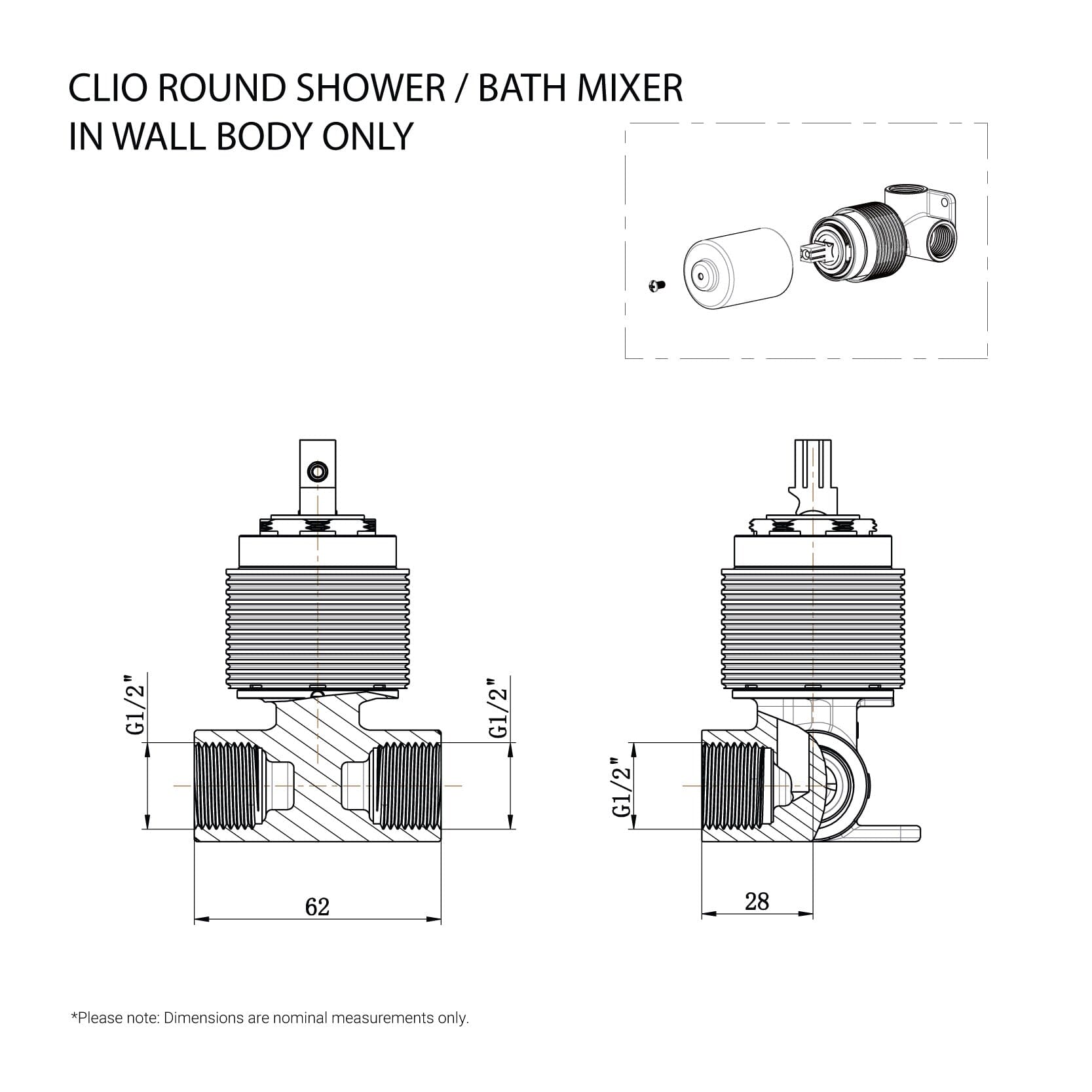 CLIO Round Shower / Bath Mixer - In Wall Body Only Tapware Arova 