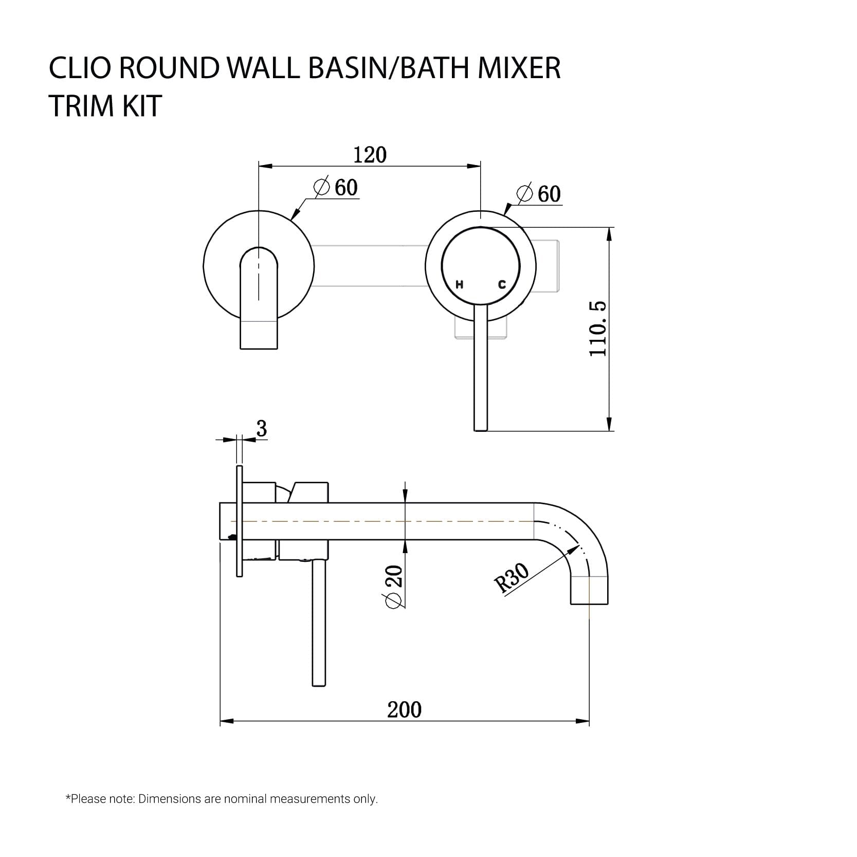 CLIO Round Wall Basin/Bath Mixer Spout Trim Kit Brushed Nickel Tapware Arova 