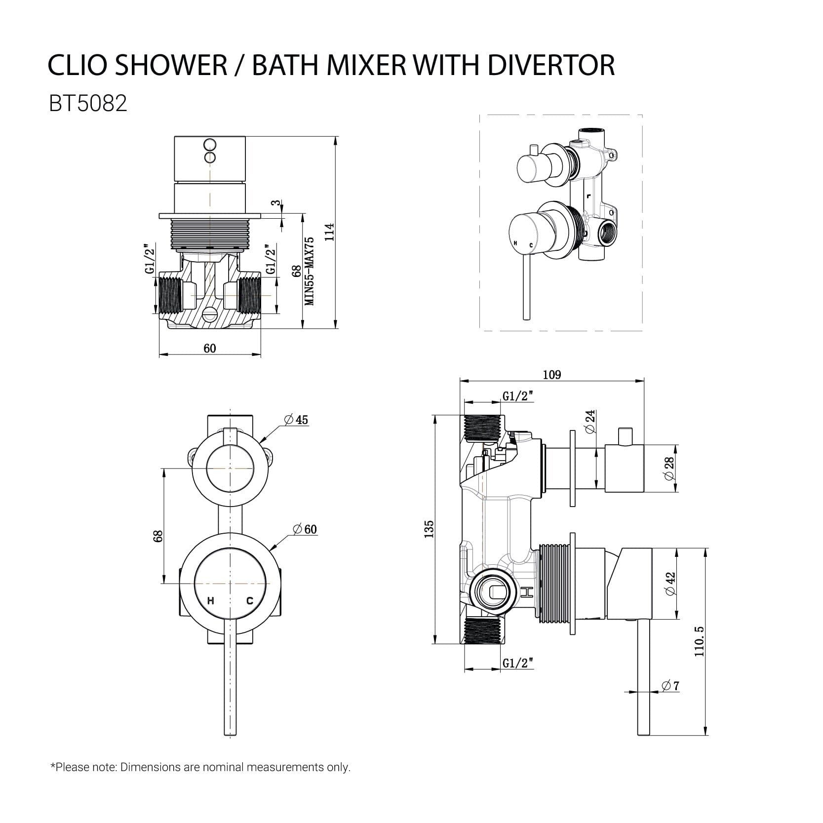 CLIO Shower / Bath Mixer with Divertor Chrome AROVA 