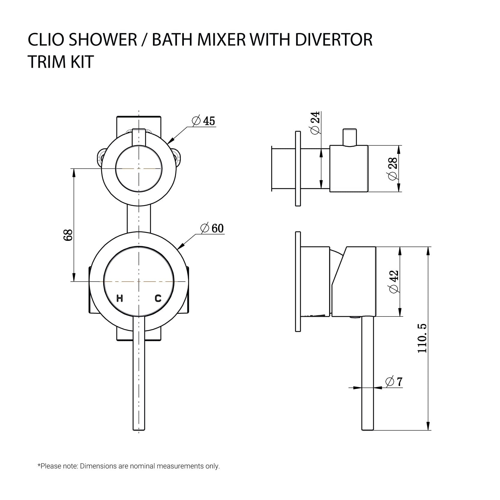 CLIO Shower / Bath Mixer with Divertor Trim Kit Brushed Nickel Tapware Arova 