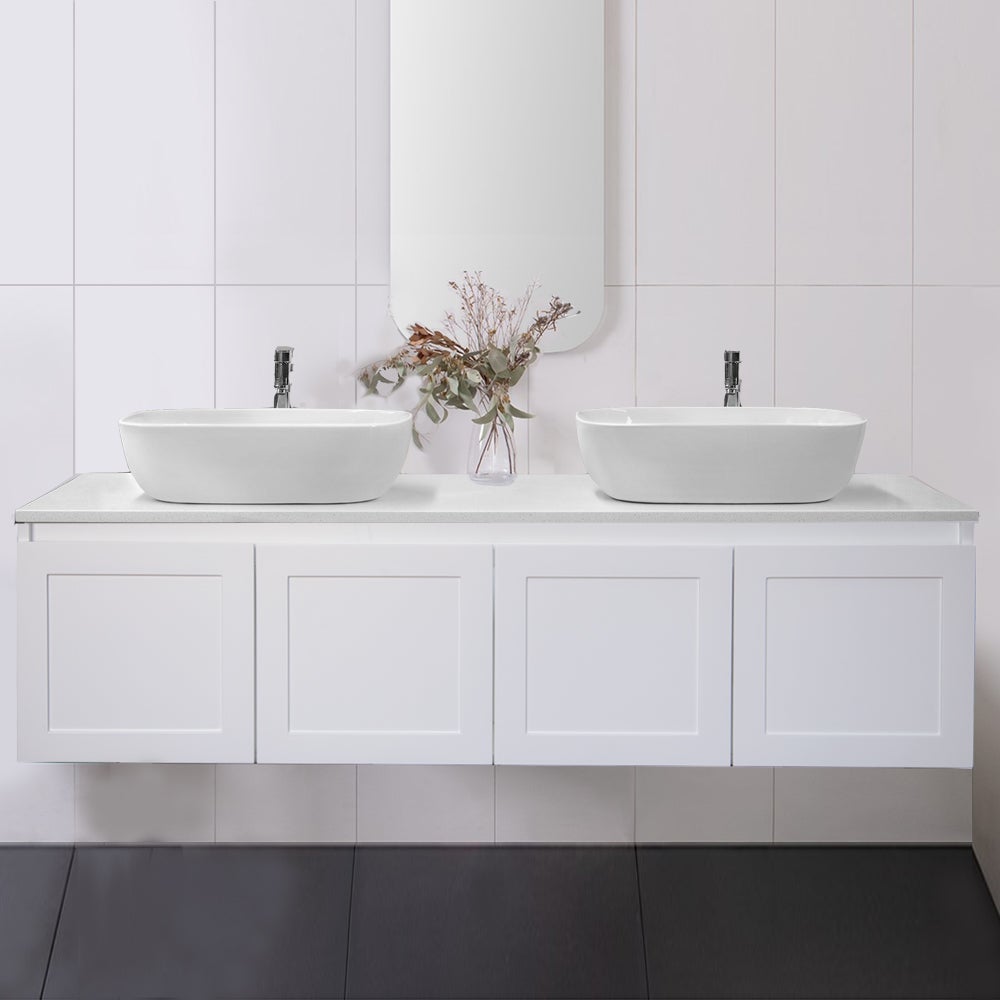 CLOVER 150cm Wall Hung Bathroom Vanity Vanities & Mirrors Arova BLISS Speckled Stone Top 2XCB1201N-Square Gloss White Basin 