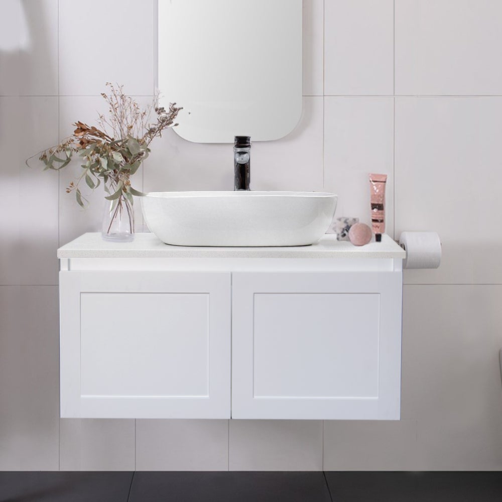 CLOVER 75cm Wall Hung Bathroom Vanity Vanities & Mirrors Arova BLISS Speckled Stone Top CB1201N-Square Gloss White Basin 