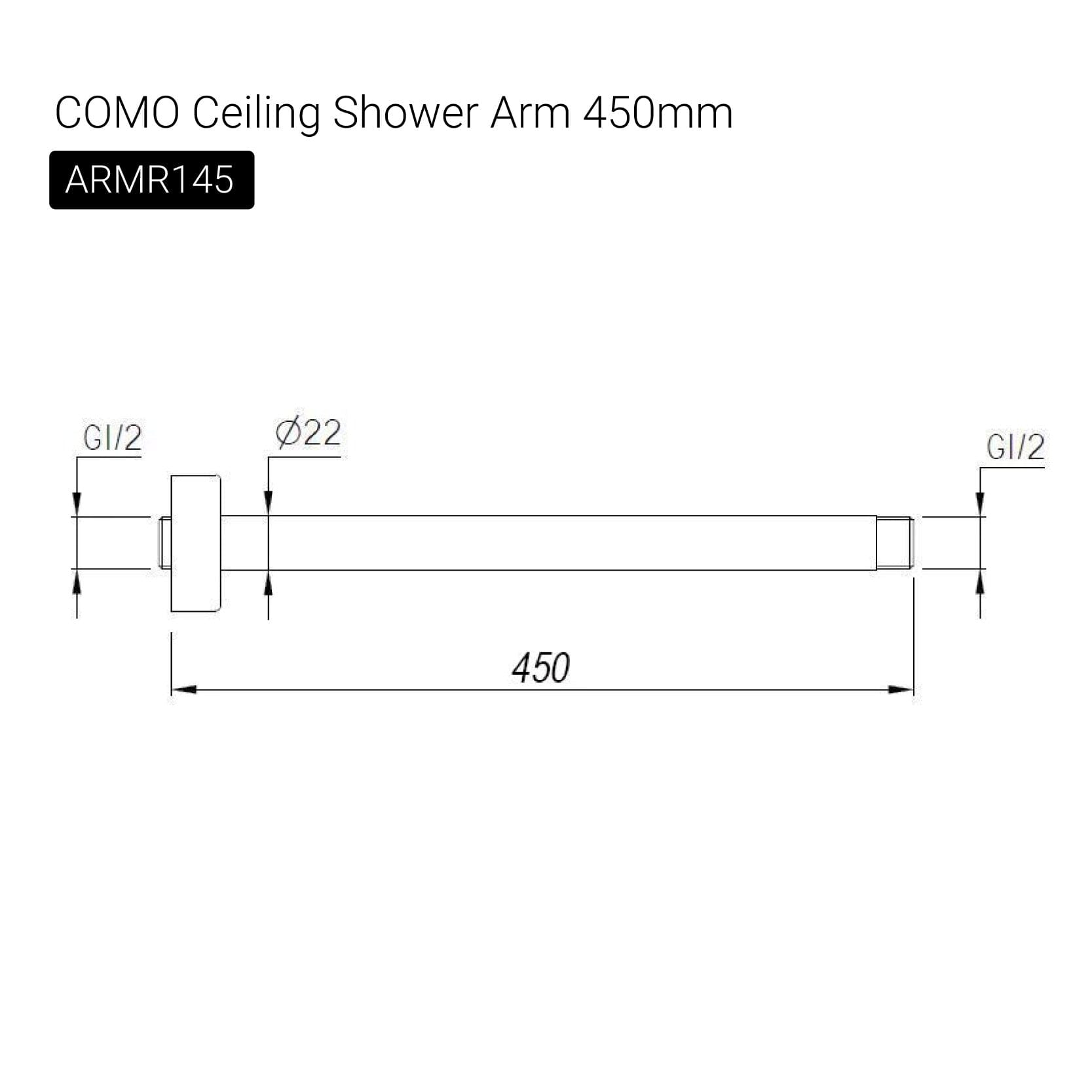 COMO Ceiling Shower Arm 450mm Gunmetal Showers Arova 