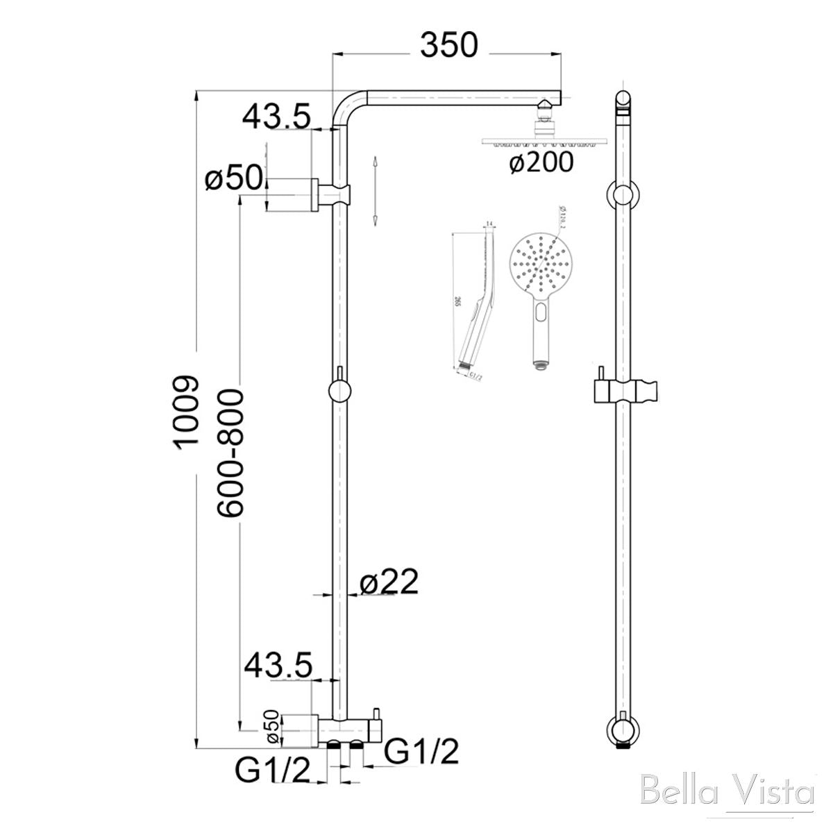 Dual Shower Rail with Rain Fall Head - Round Chrome showers Bella Vista 