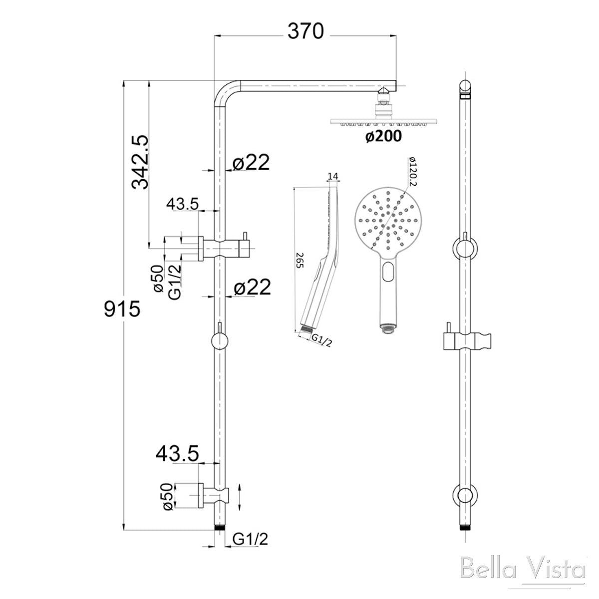 Dual Shower Rail with Rain Fall Head - 'Single Hose' Round Matte Black showers Bella Vista 