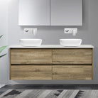 KRIS 150cm Oak Timber Wall Hung Vanity Vanities & Mirrors Arova BLISS Speckled Stone Top 2 x CB1201N-Square Gloss White Basin 