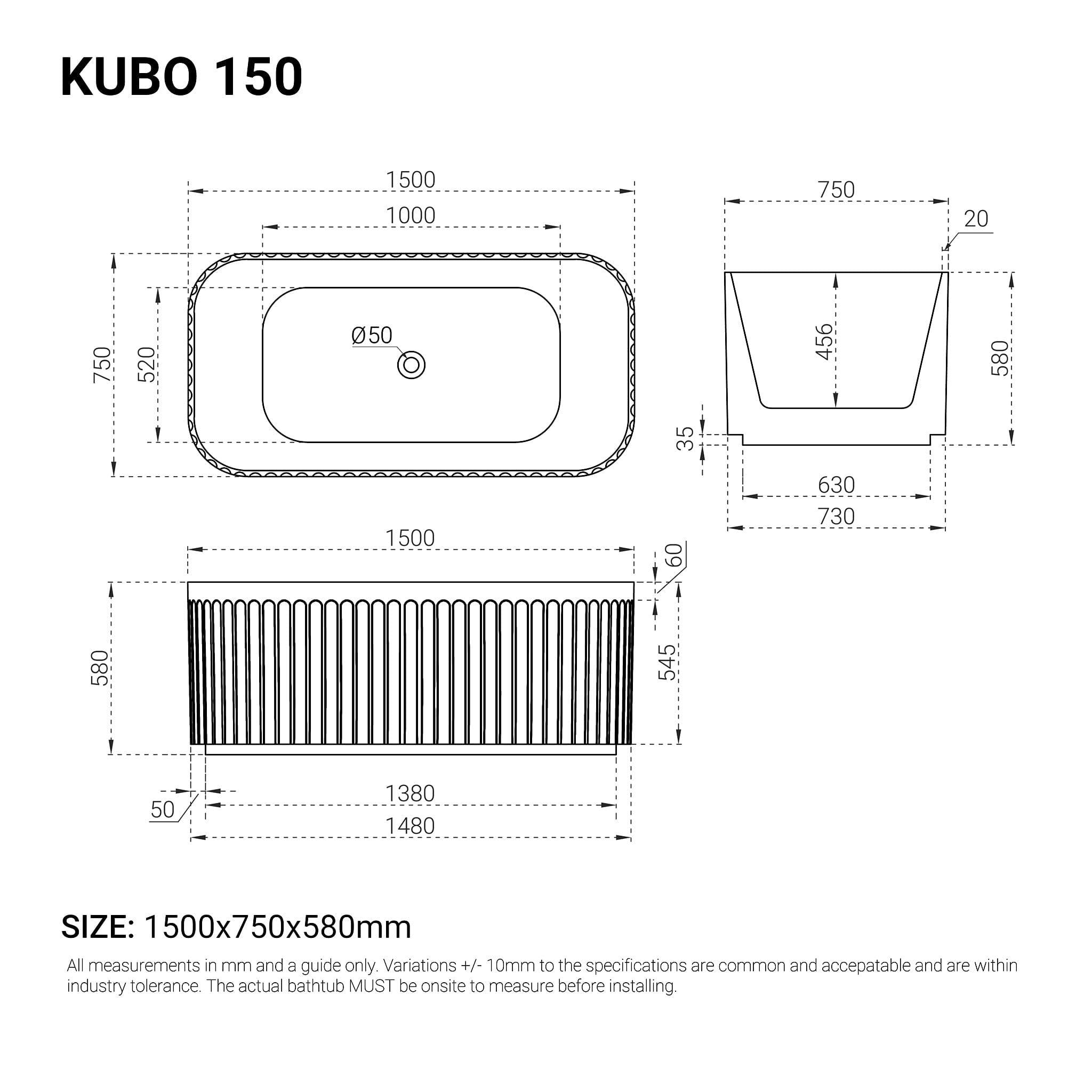 KUBO 1500mm Ribbed Groove Freestanding Bathtub Gloss White Baths Arova 