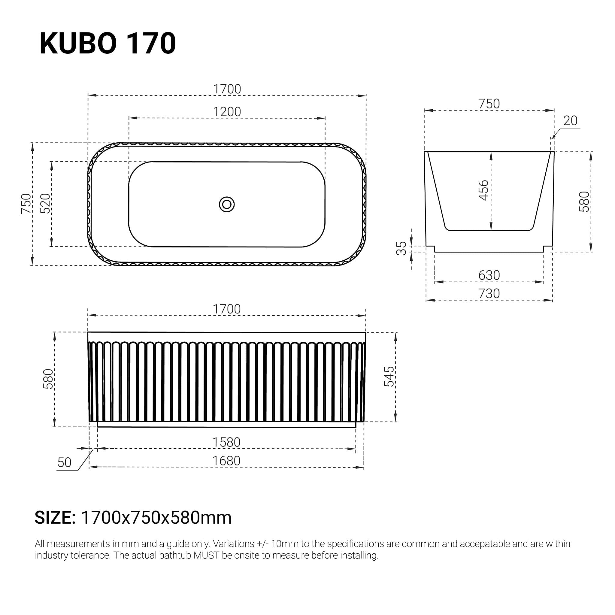 KUBO 1700mm Ribbed Groove Freestanding Bathtub Matte White Baths Arova 