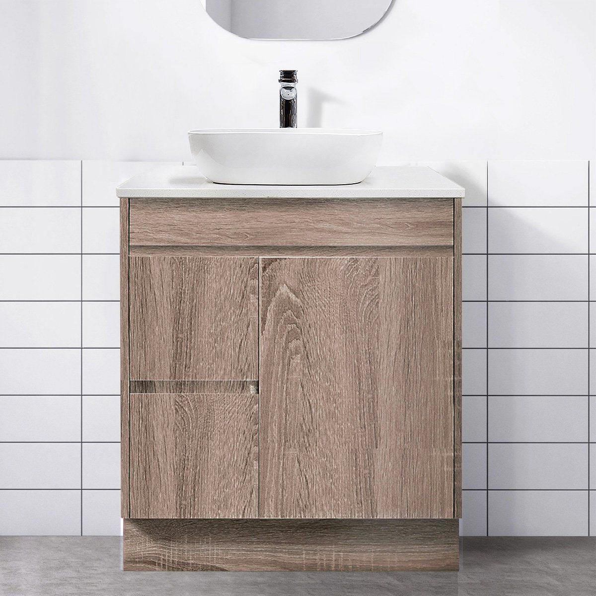 LOGAN 75cm Timber Vanity Vanities & Mirrors Arova Bliss Quartz Stone Top Drawer on Left CB1201N-Square Gloss White Basin