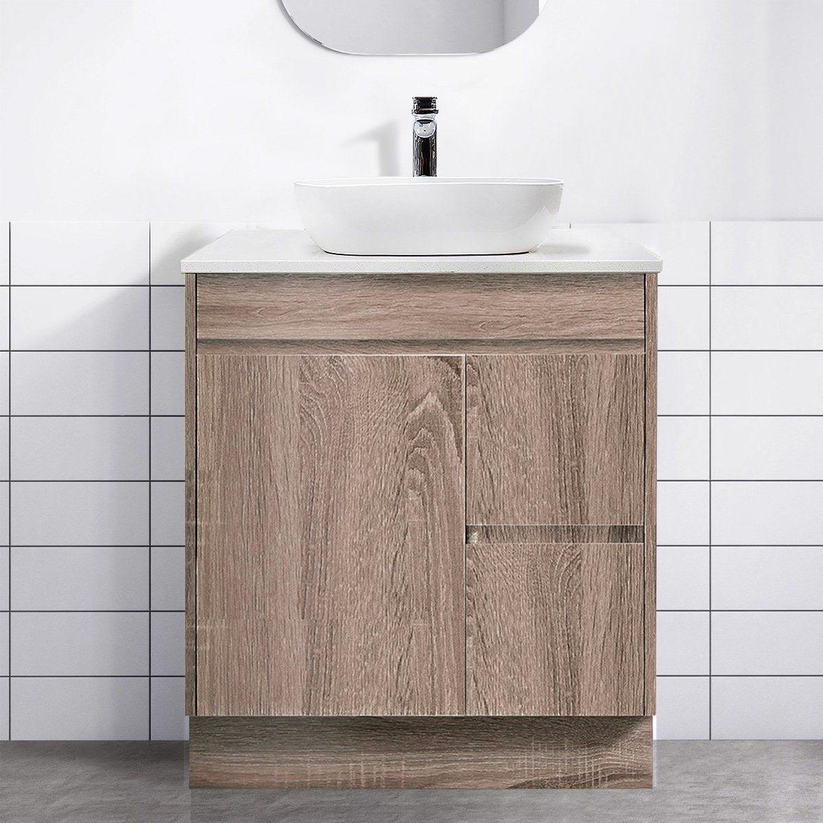 LOGAN 75cm Timber Vanity Vanities & Mirrors Arova Bliss Quartz Stone Top Drawer on Right CB1201N-Square Gloss White Basin