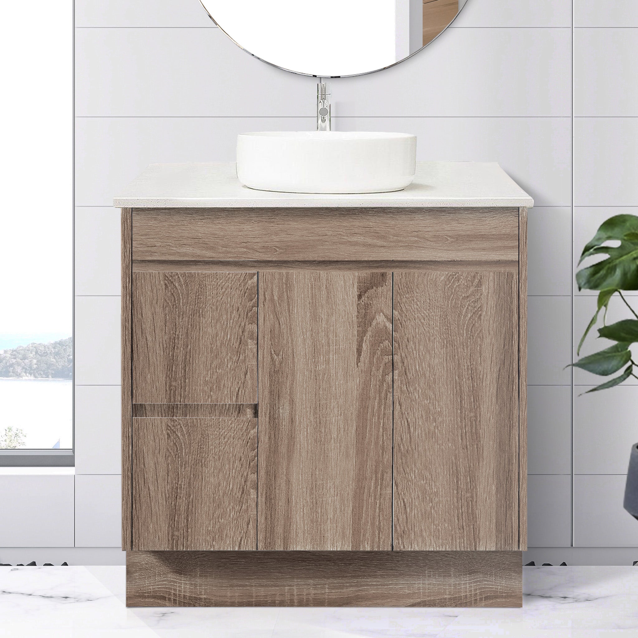 LOGAN 90cm Timber Vanity Vanities & Mirrors AROVA Bliss Quartz Stone Top Drawer on Left CB1108N-Round Gloss White Basin