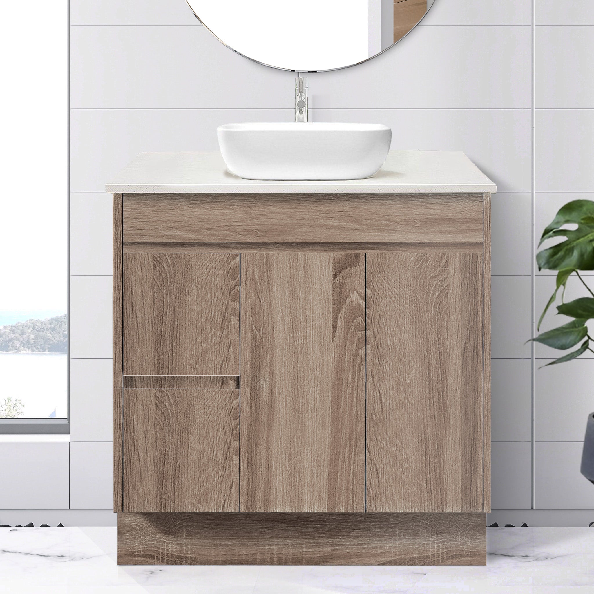 LOGAN 90cm Timber Vanity Vanities & Mirrors AROVA Bliss Quartz Stone Top Drawer on Left CB1201N-Square Gloss White Basin