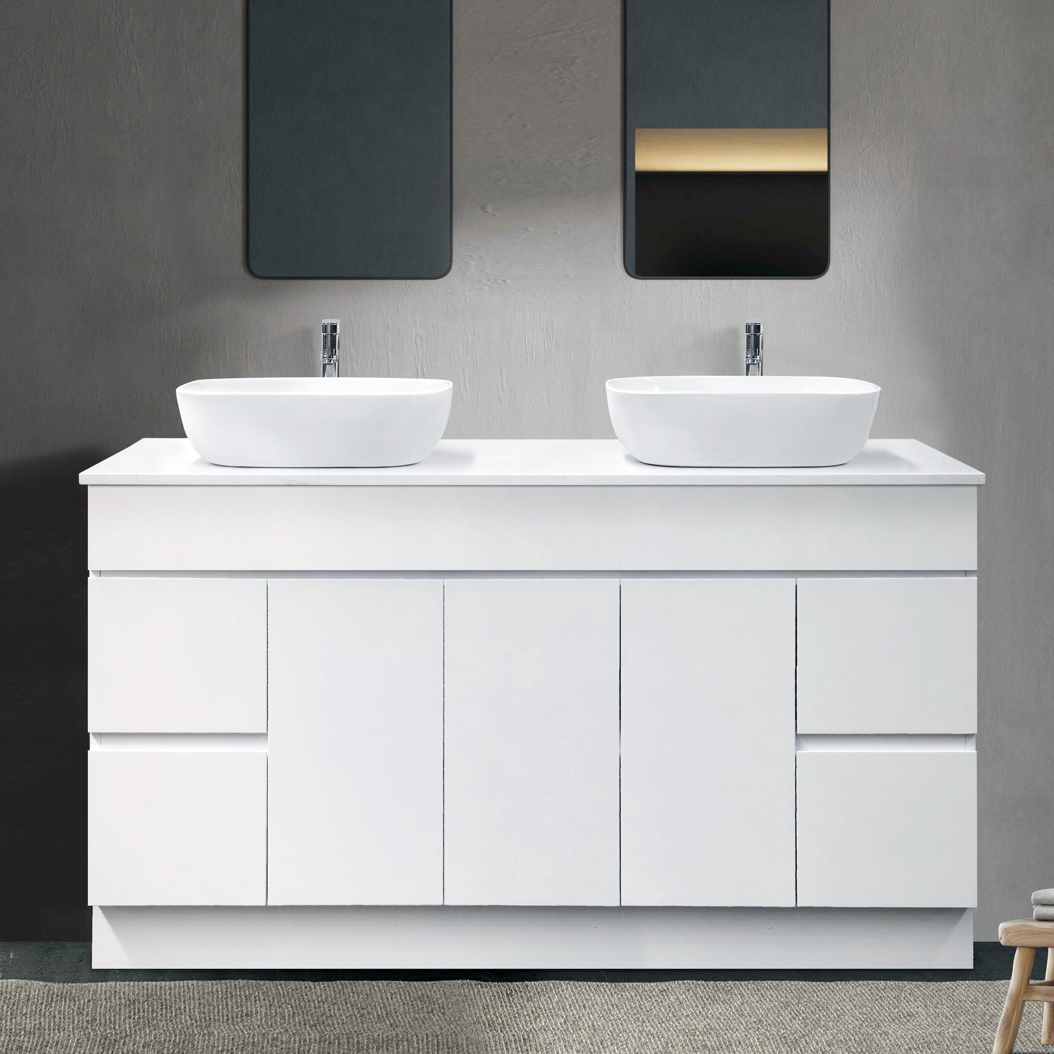 LUCA 150cm Floor Standing Bathroom Vanity Vanities & Mirrors Arova Bliss Quartz Stone Top 2XCB1201N-Square Gloss White Basin 