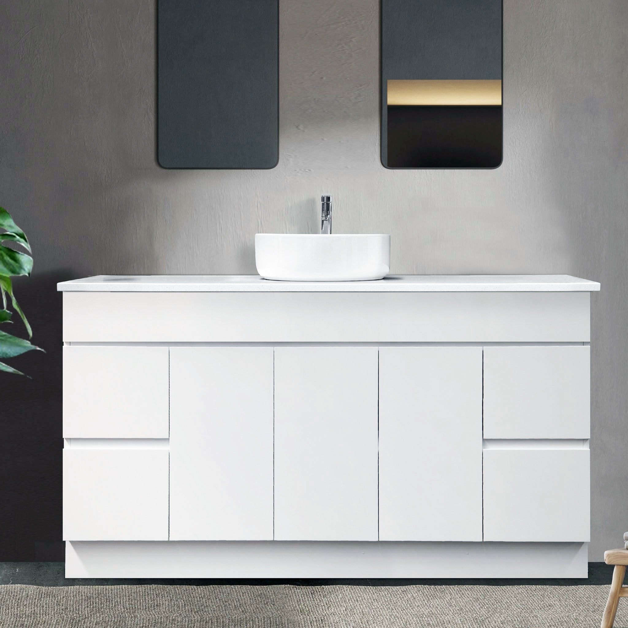 LUCA 150cm Floor Standing Bathroom Vanity Vanities & Mirrors Arova Bliss Quartz Stone Top CB1108N-Round Gloss White Basin 