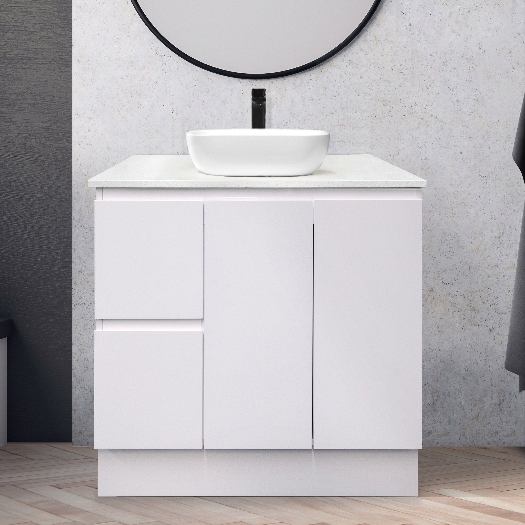 LUCA 90cm Vanity Free Standing Cabinet Vanities & Mirrors Arova Bliss Quartz Stone Top Left Hand Side CB1201N-Square Gloss White Basin