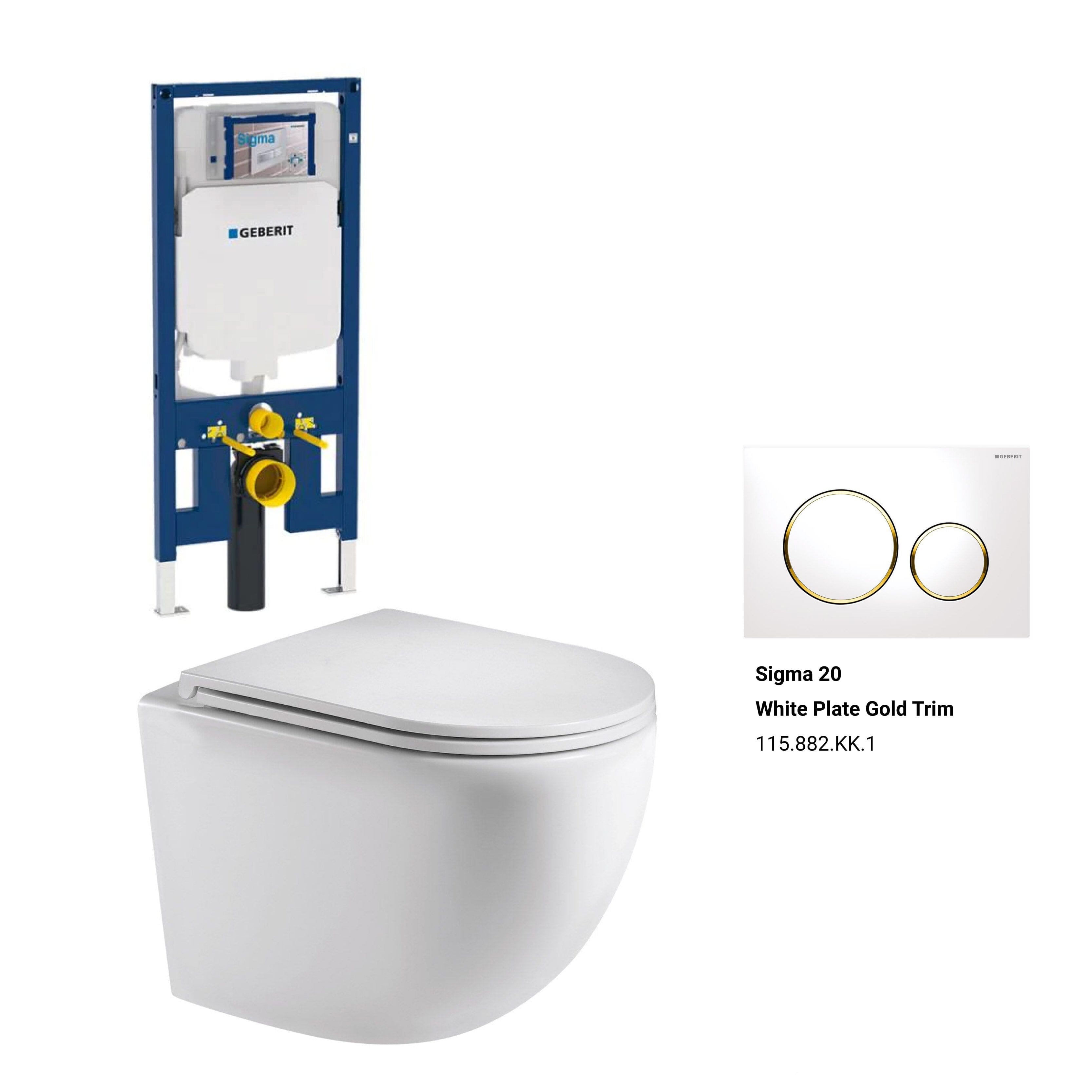 Max49 Rimless Tornado Wall Hung Toilet Package - Geberit Sigma 8 Duofix In Wall Cistern & Button Toilets Arova Geberit Sigma 8 Duofix In Wall Cistern and Frame - 111.698.00.1 Sigma 20 White Plate Gold Trim-115.882.KK.1 