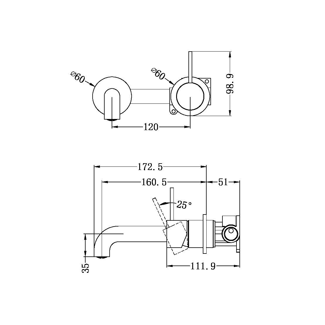 MECCA Wall Basin Mixer Separate Back Plate Handle Up Brushed Bronze YSW2219-07D-BZ Tapware Nero 