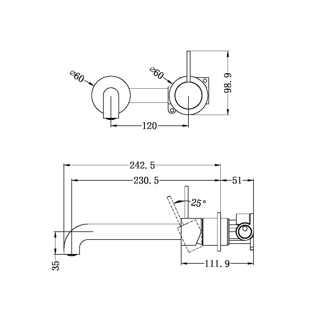 MECCA Wall Basin Mixer Separate Back Plate Handle Up Brushed Bronze YSW2219-07D-BZ Tapware Nero 