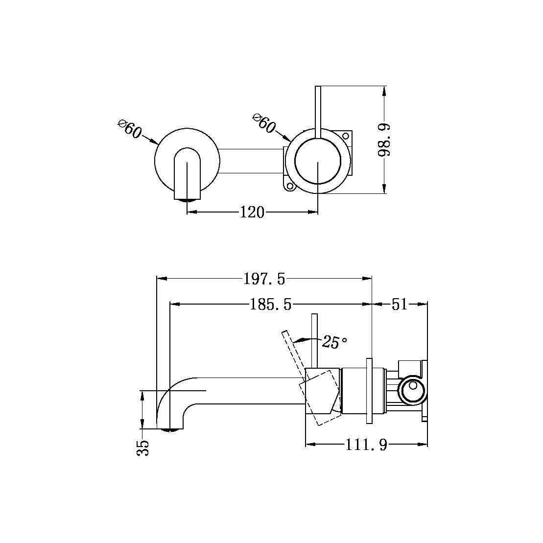 MECCA Wall Basin Mixer Separate Back Plate Handle Up Brushed Bronze YSW2219-07D-BZ Tapware Nero 