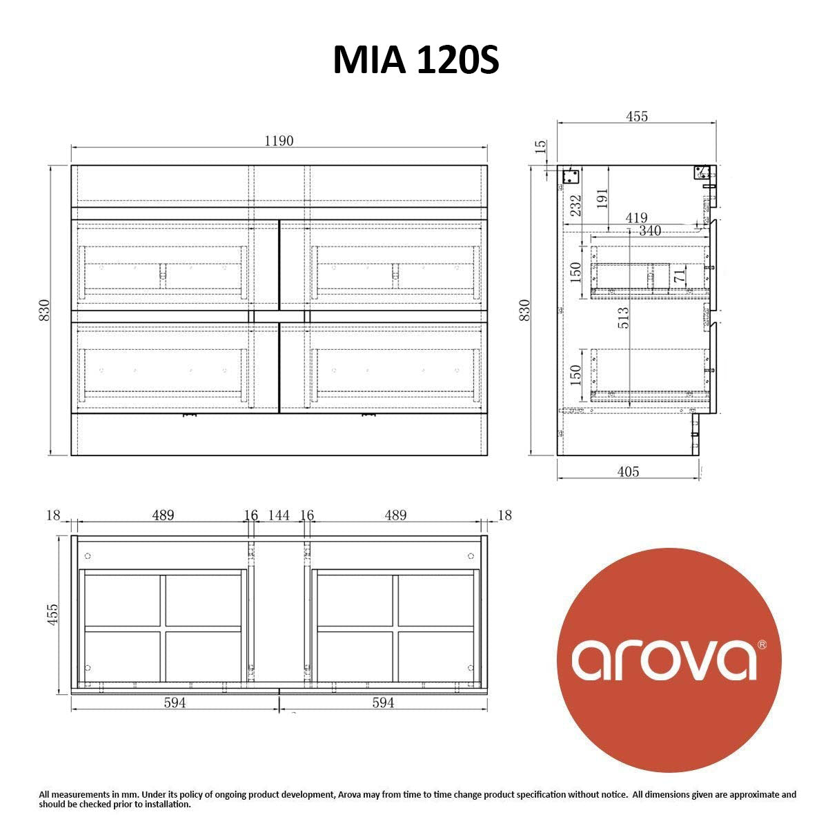 Mia 120cm Floor Standing Bathroom Vanity - Single Bowl Vanities & Mirrors Arova 