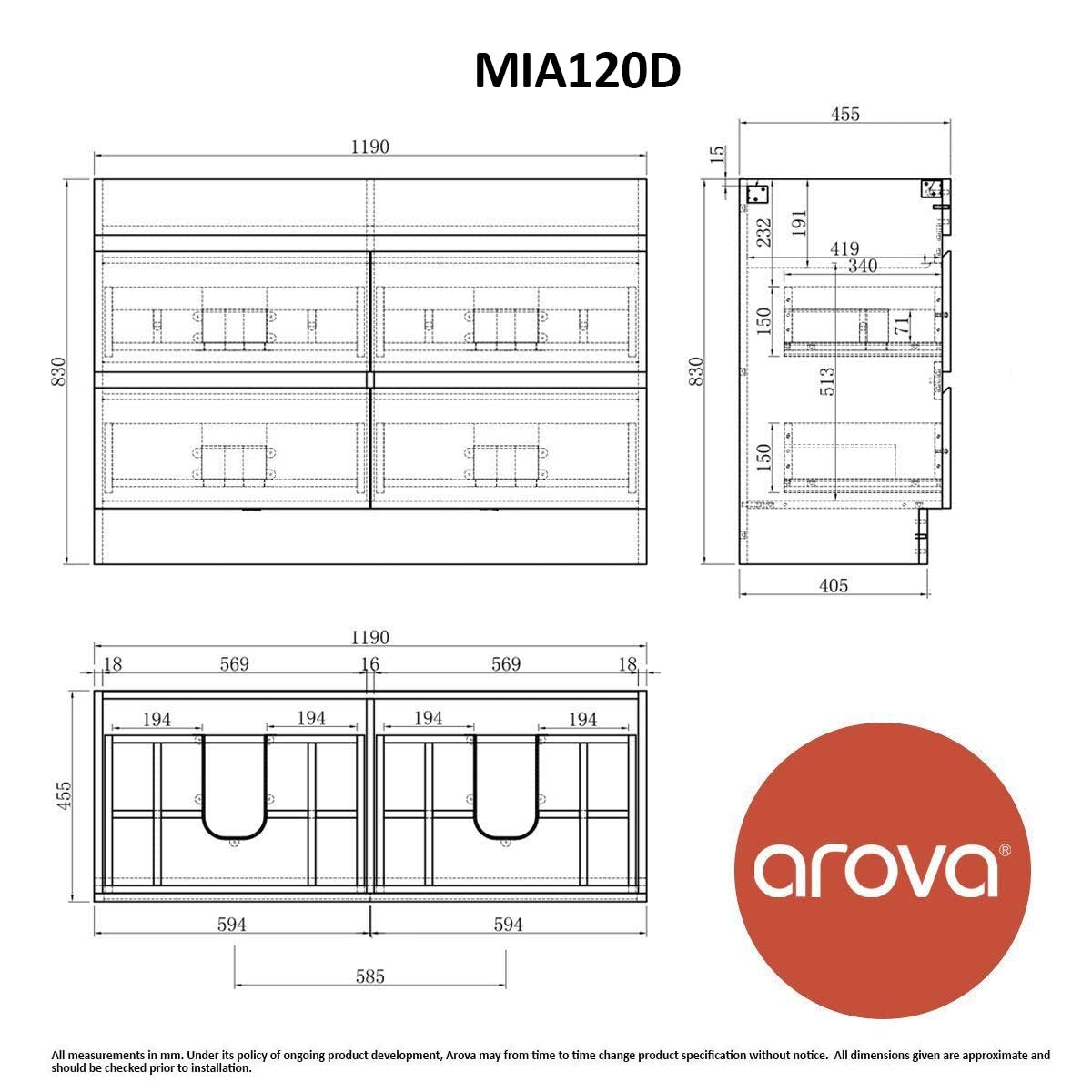 Mia 120cm Free Standing Bathroom Vanity - Double Bowl Vanities & Mirrors Arova 