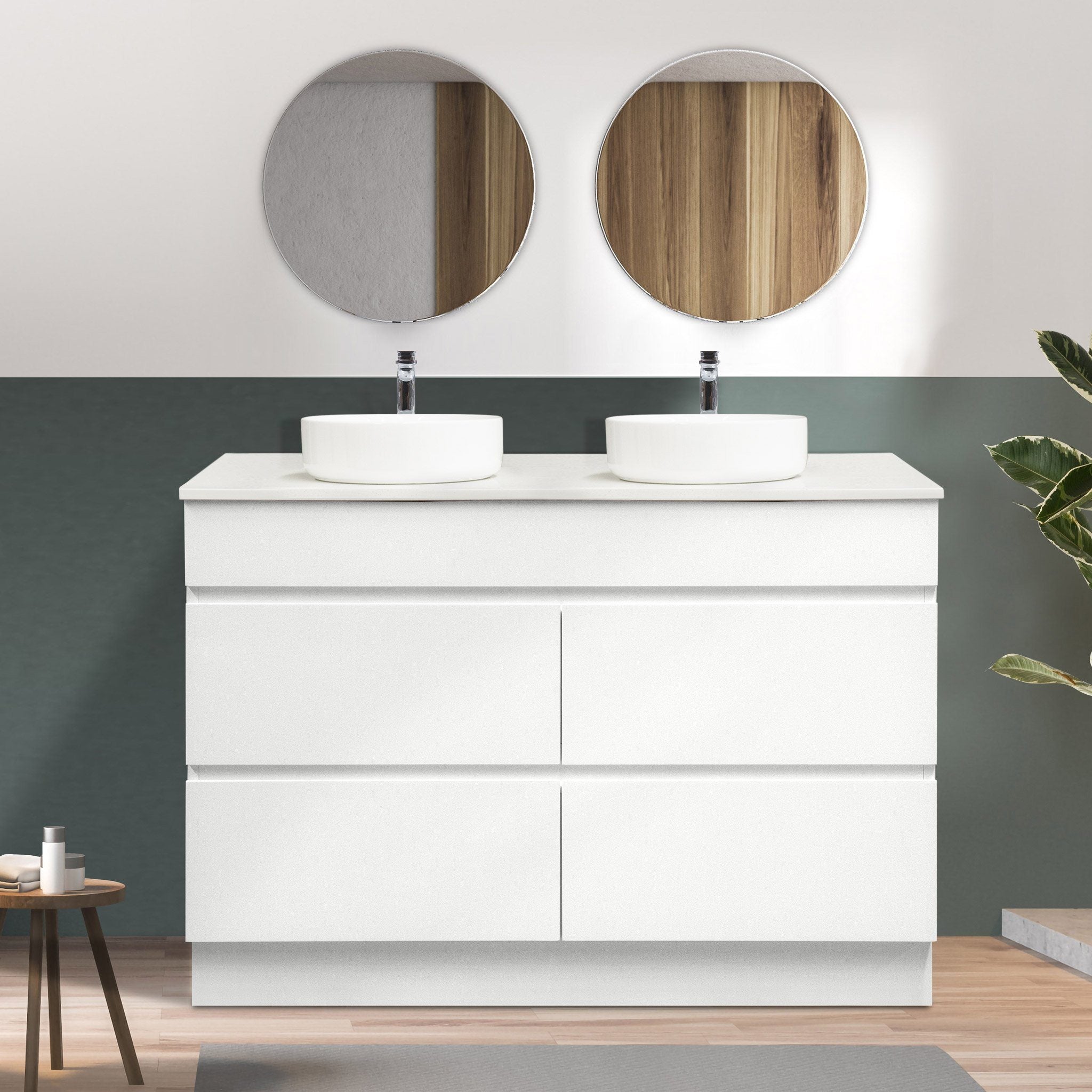 Mia 120cm Free Standing Bathroom Vanity - Double Bowl Vanities & Mirrors Arova Bliss Quartz Stone Top 2XCB1108N-Round Gloss White Basin 