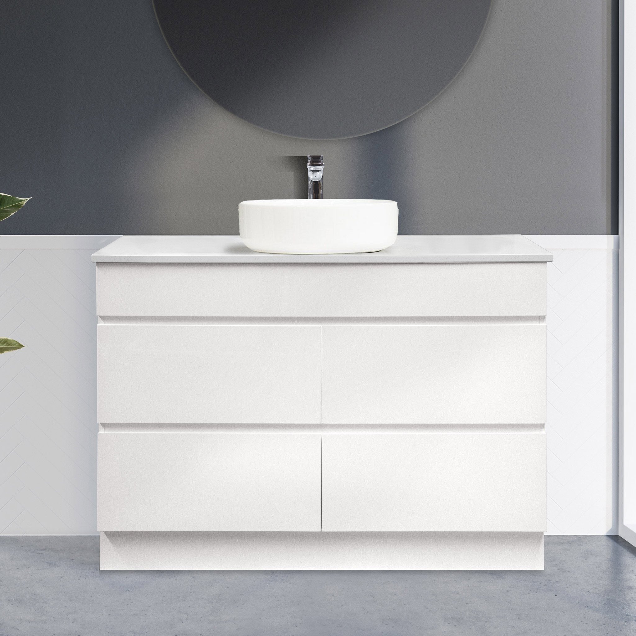 Mia 120cm Free Standing Bathroom Vanity - Single Bowl Vanities & Mirrors Arova Bliss Quartz Stone Top CB1108N-Round Gloss White Basin 