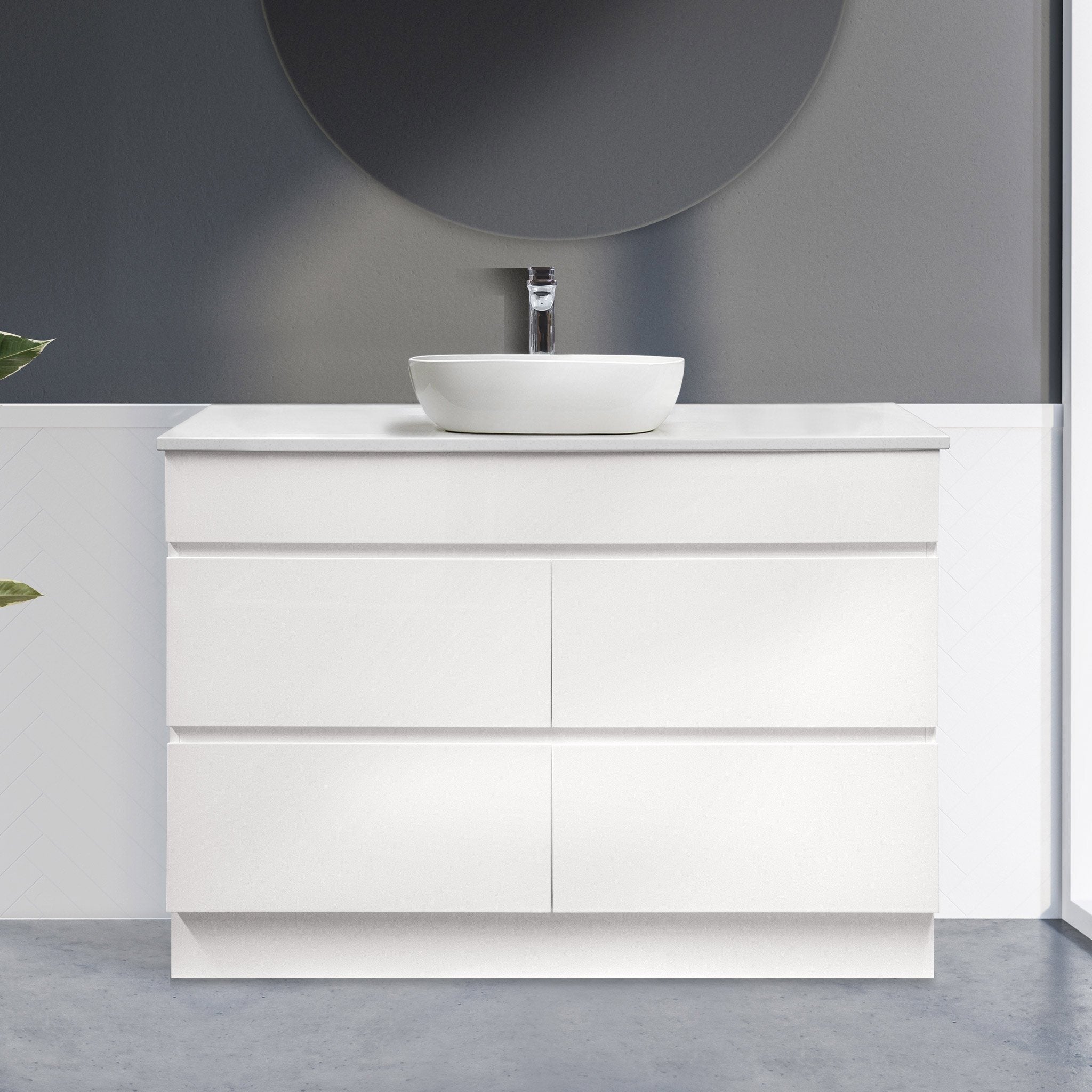 Mia 120cm Free Standing Bathroom Vanity - Single Bowl Vanities & Mirrors Arova Bliss Quartz Stone Top CB1201N-Square Gloss White Basin 