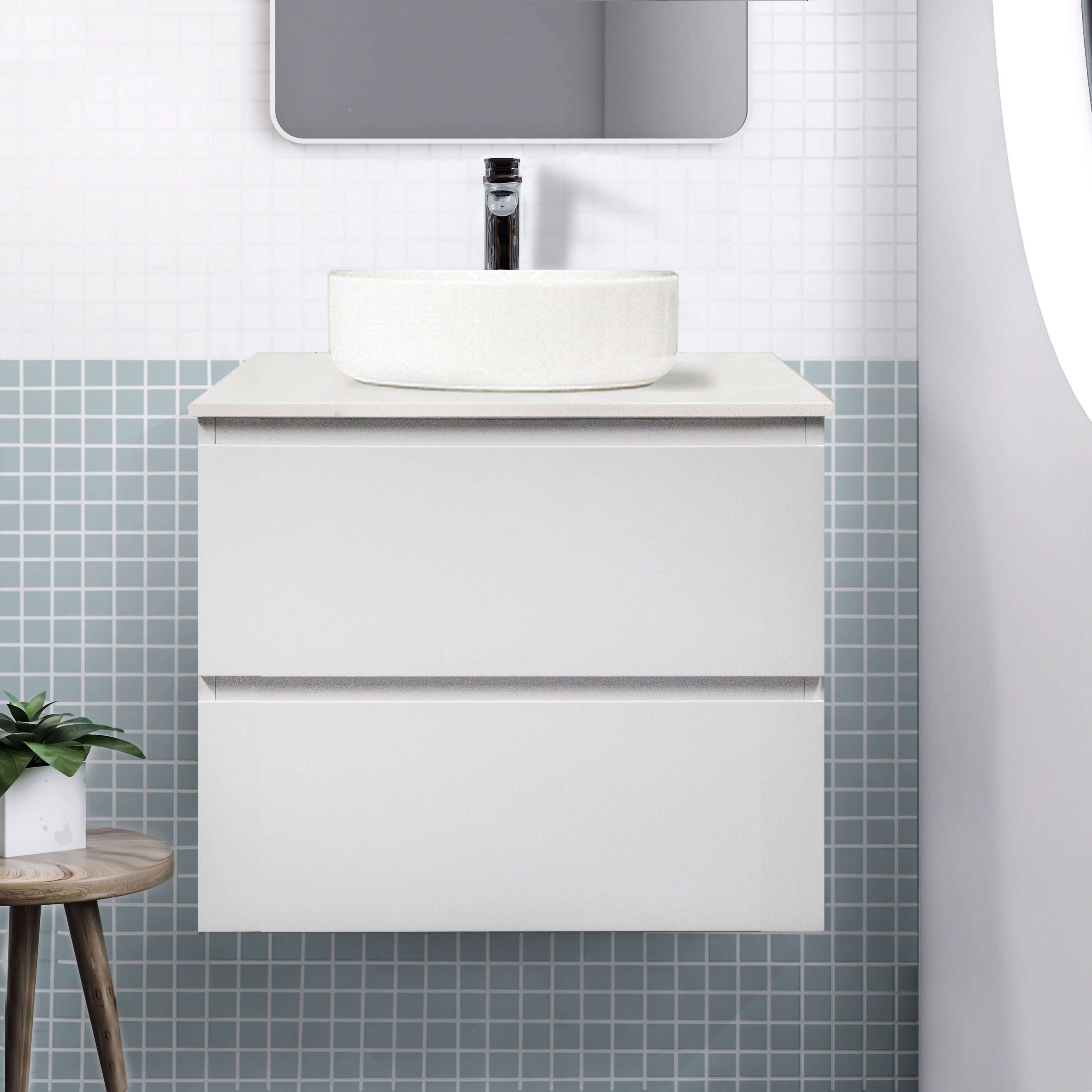 Mia 60cm Wall Hung Bathroom Vanity Vanities & Mirrors Arova BLISS Speckled Stone Top CB1108N-Round Gloss White Basin 