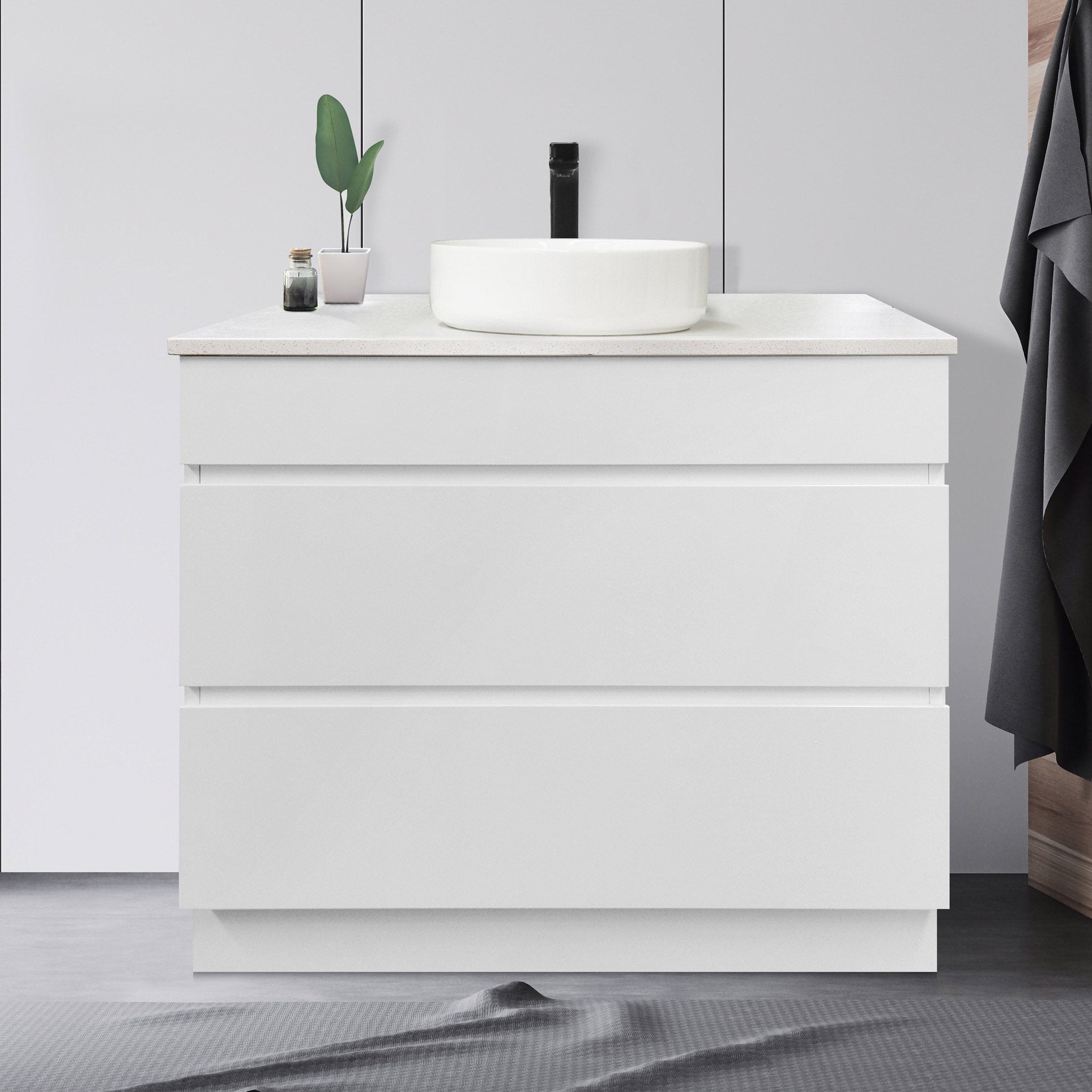 Mia 90cm Free Standing Bathroom Vanity Vanities & Mirrors Arova Bliss Quartz Stone Top CB1108N-Round Gloss White Basin 