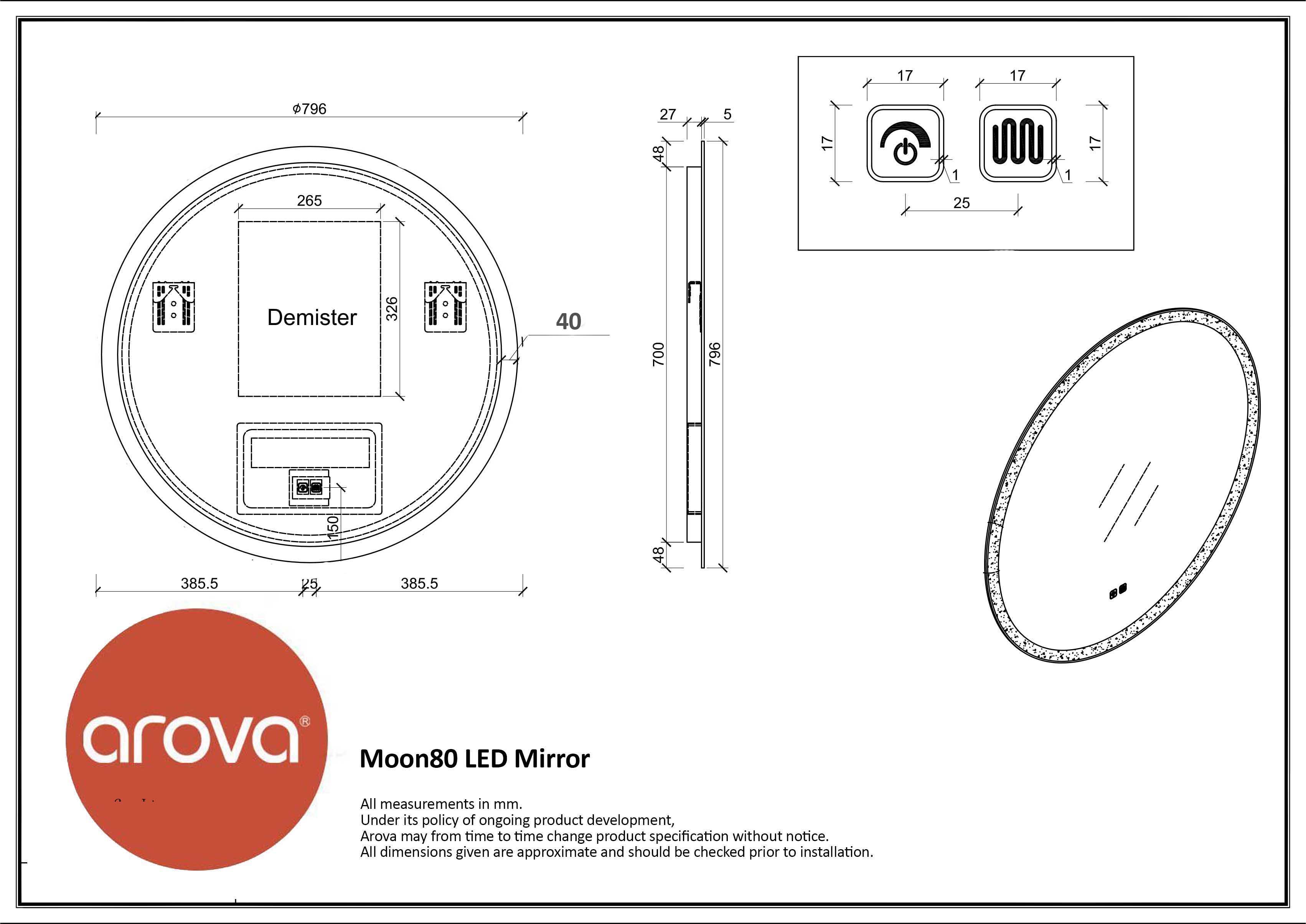 Moon Round Backlit LED Bathroom Mirror 80cm Vanities & Mirrors Arova 