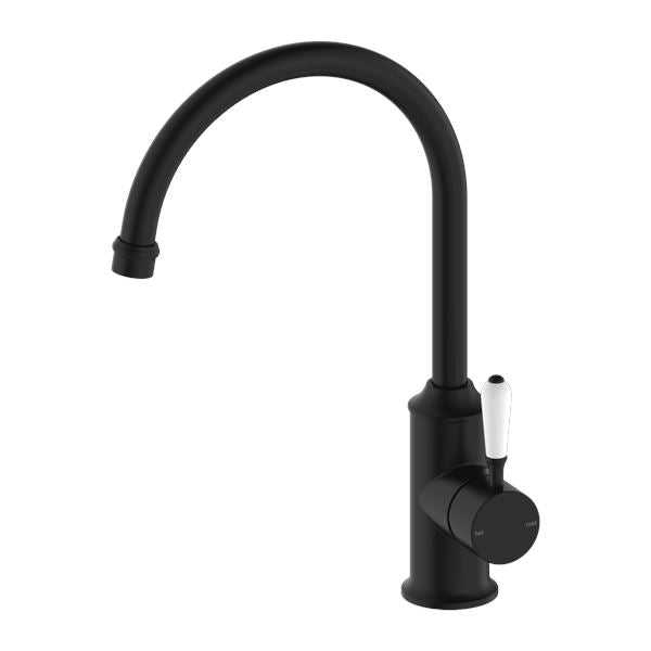 Nero York Kitchen Mixer Goosneck Matte Black Tapware Nero White Porcelain Lever 