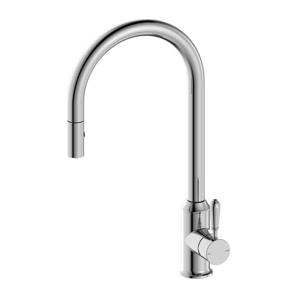 Nero York Pull Out Sink Mixer with Vegie Spray Function Chrome Tapware Nero Metal Lever 