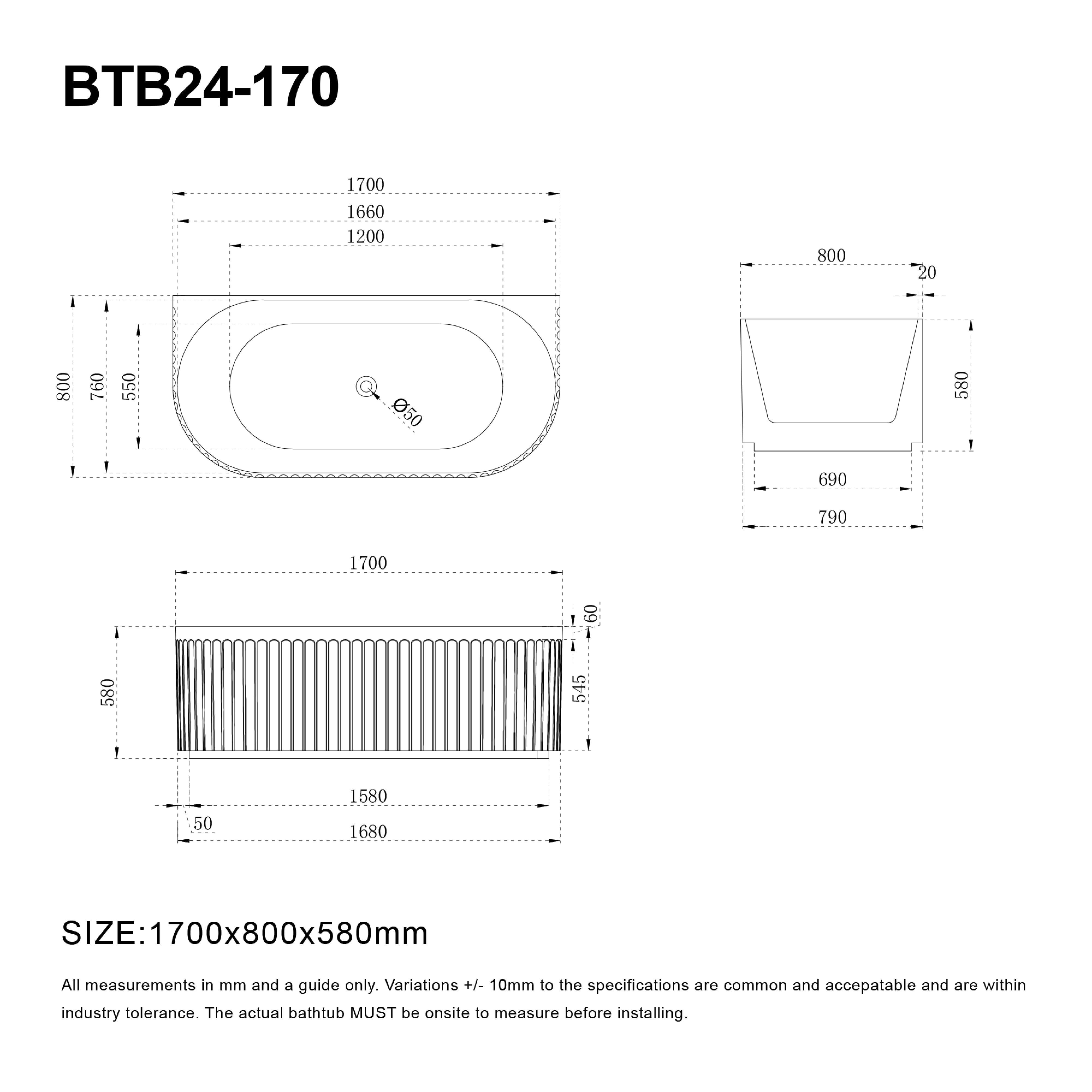 OBI 1700mm Fluted Back to Wall Free Standing Bath Gloss White Baths AROVA 