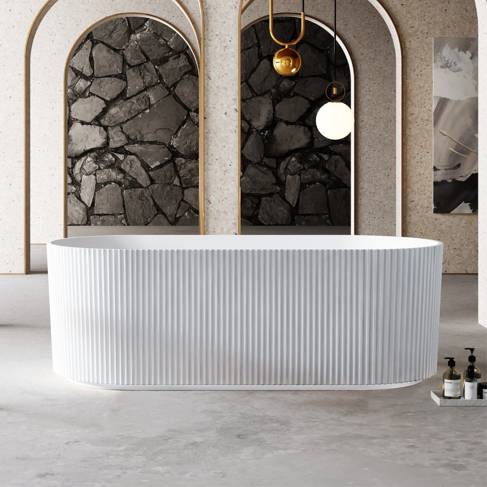 OPAL 1700mm V-Groove Fluted Oval Free Standing Bathtub Gloss White Baths AROVA 