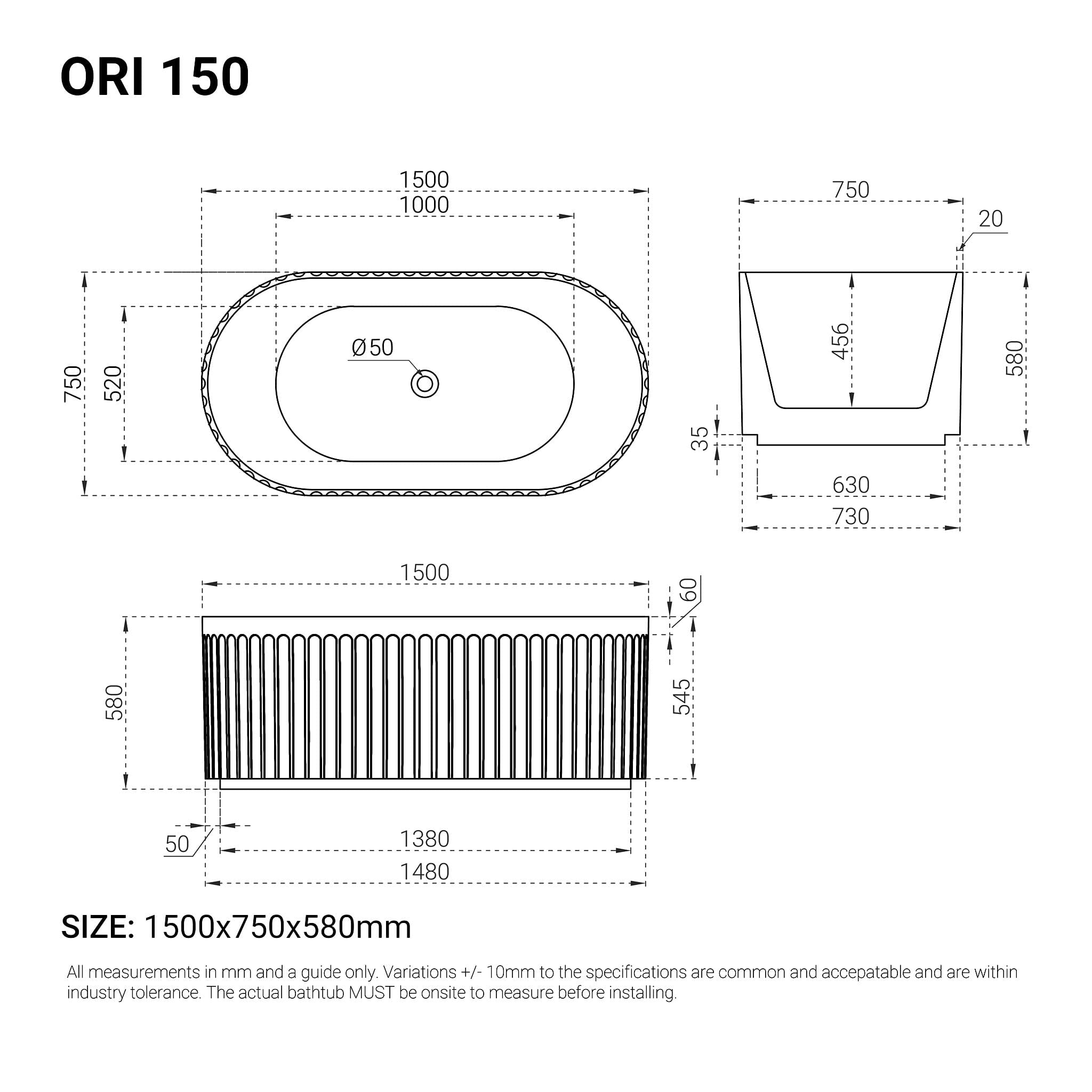 ORI 1500mm V Groove Fluted Freestanding Gloss White Bathtub Baths Arova 