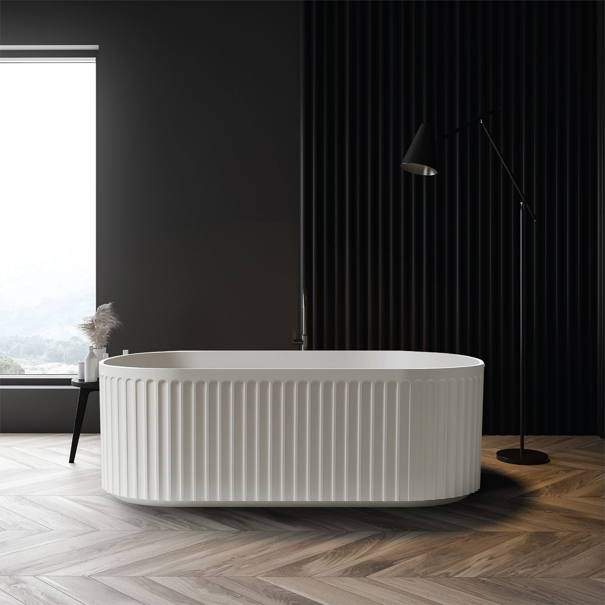 ORI 1500mm V Groove Fluted Freestanding Matte White Bathtub Baths Arova 