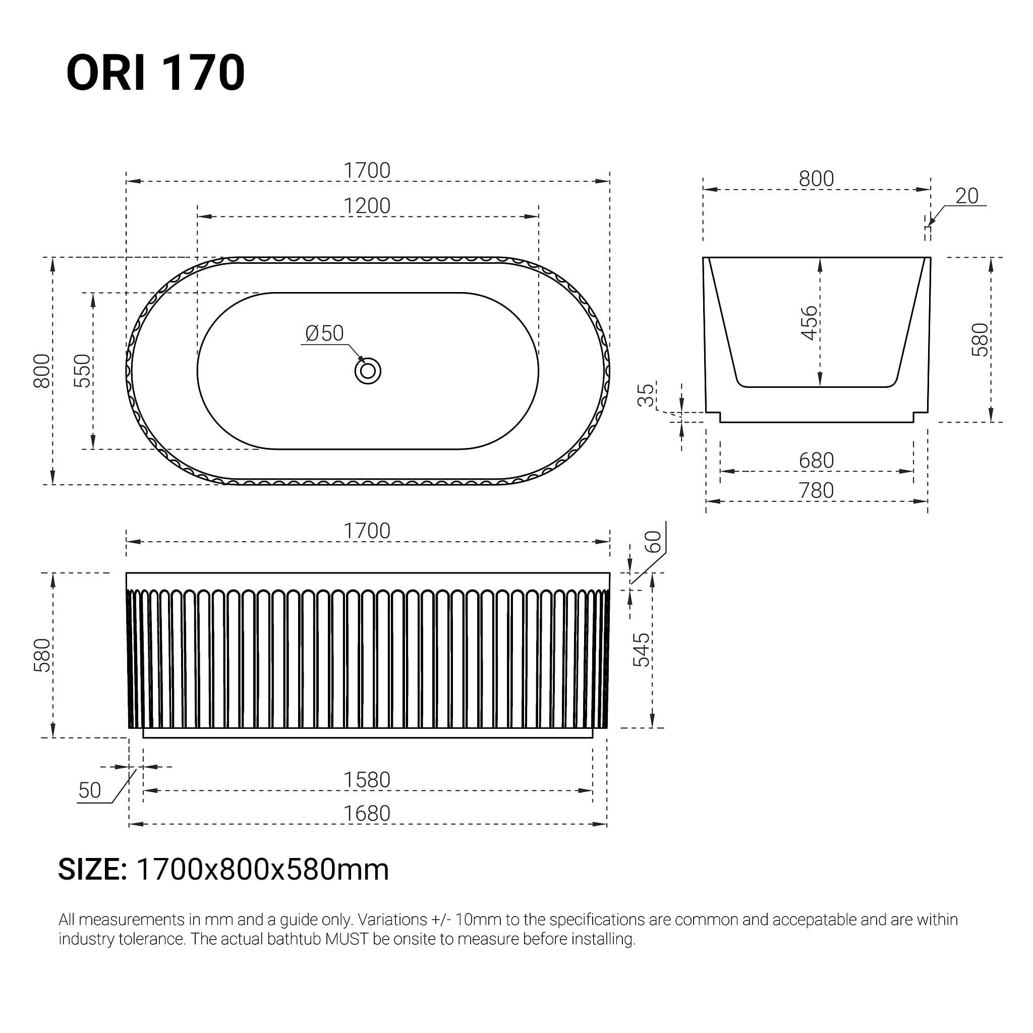 ORI 1700mm V Groove Fluted Freestanding Gloss White Bathtub Baths Arova 