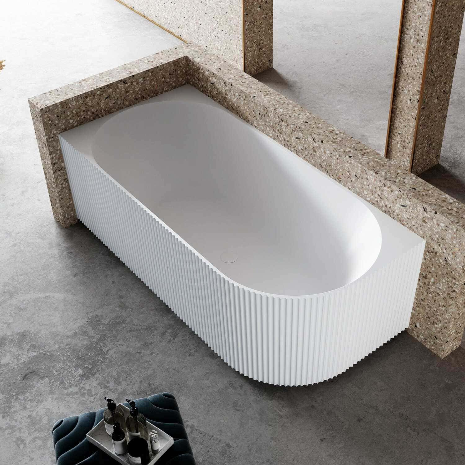 RORY 1500mm V-Groove Fluted Left Corner Free Standing Bathtub Gloss White Baths AROVA 