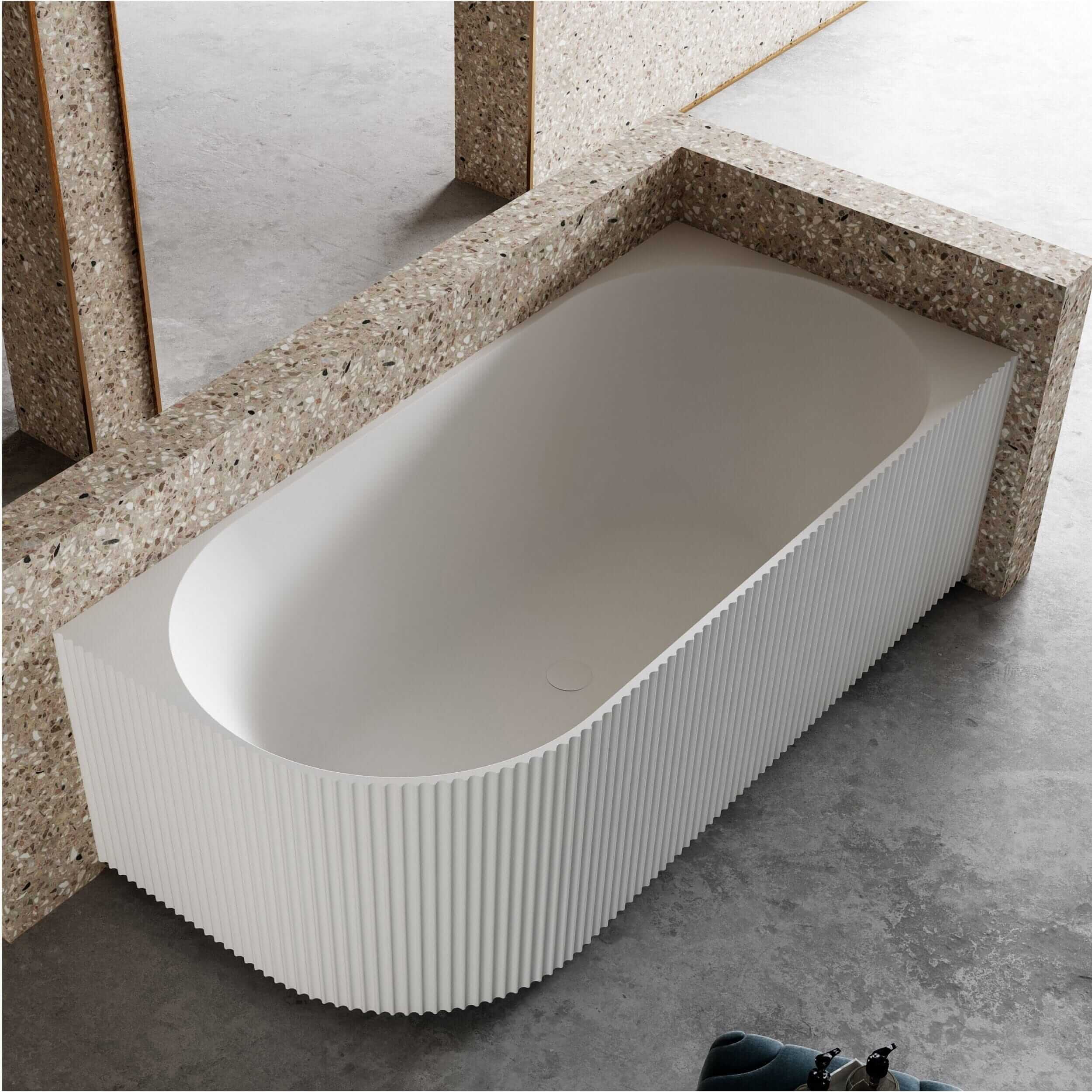 RORY 1500mm V-Groove Fluted Right Corner Free Standing Bathtub Matte White Baths AROVA 