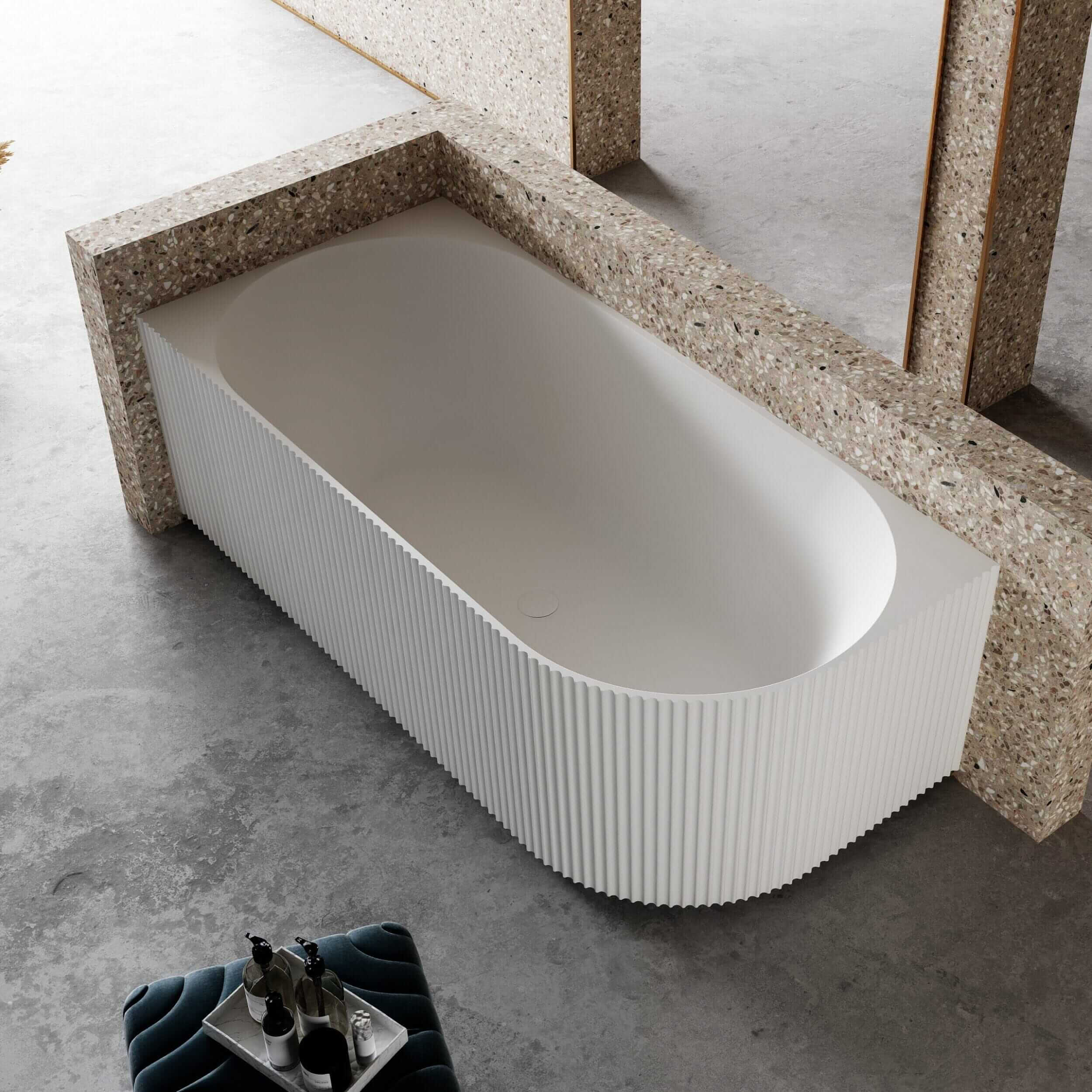 RORY 1700mm V-Groove Fluted Left Corner Free Standing Bathtub Matte White Baths AROVA 