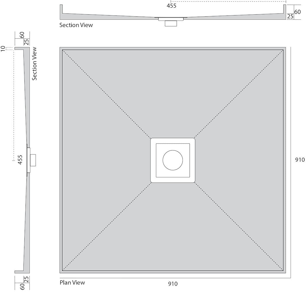 Tiled Shower Base with S/S Plain Lid - Centre Waste Showers Universal Shower Base 910 x 910 