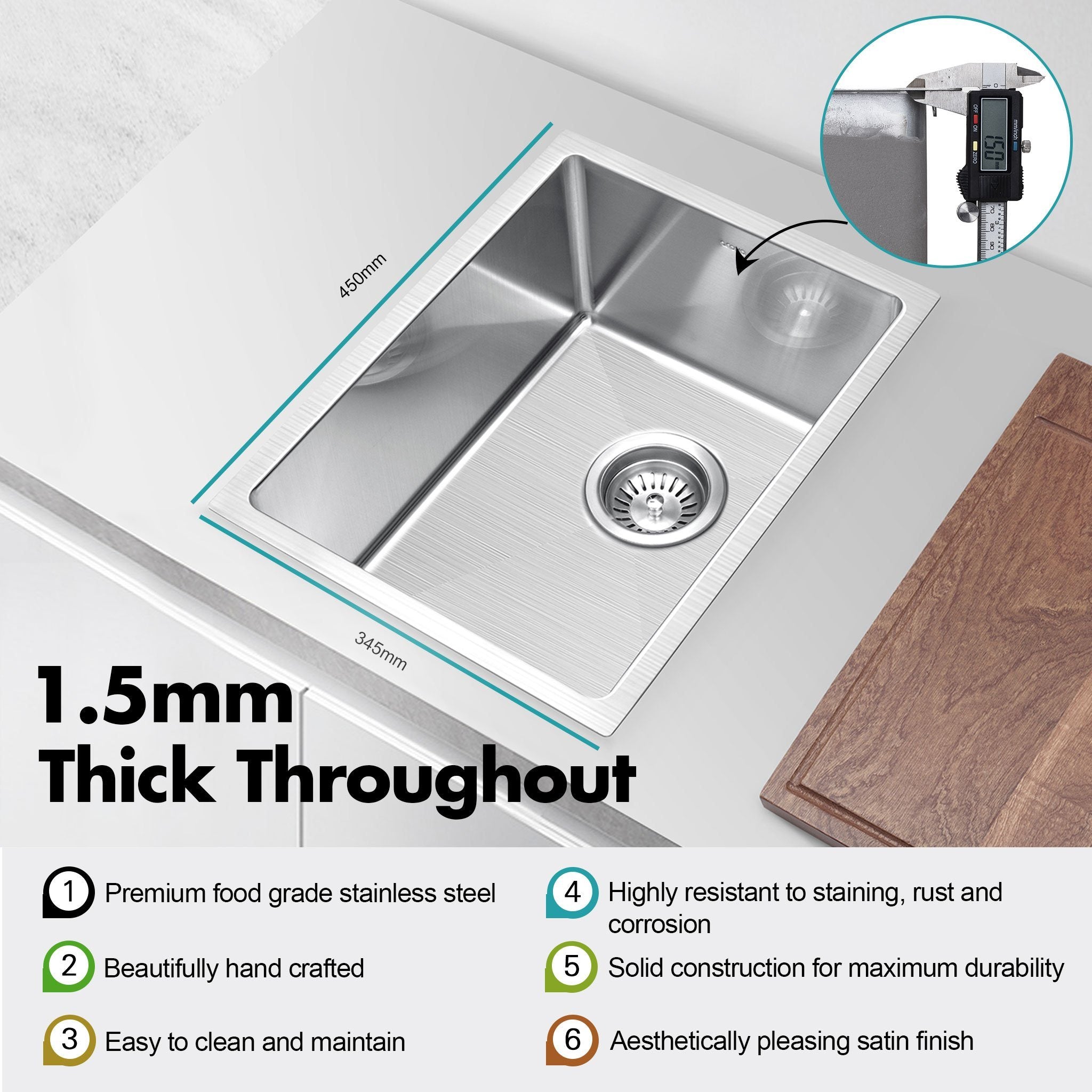 Ultimo 1.5mm 25L Single Bowl Square Sink - SSD3445 Sinks Arova 