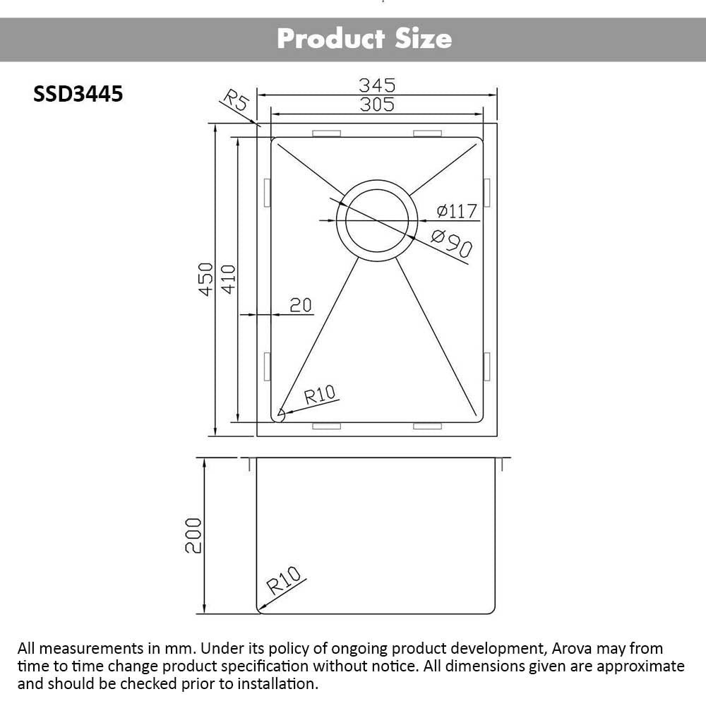 Ultimo 1.5mm 25L Single Bowl Square Sink - SSD3445 Sinks Arova 